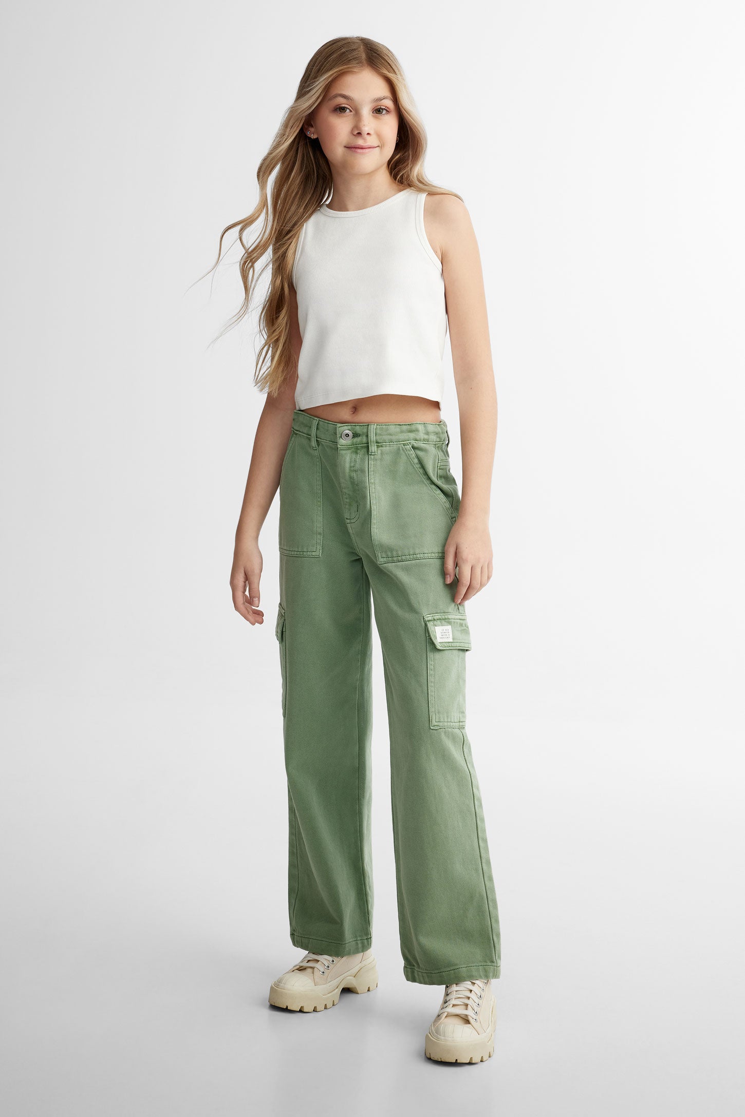 Jeans cargo jambe large - Ado fille && VERT