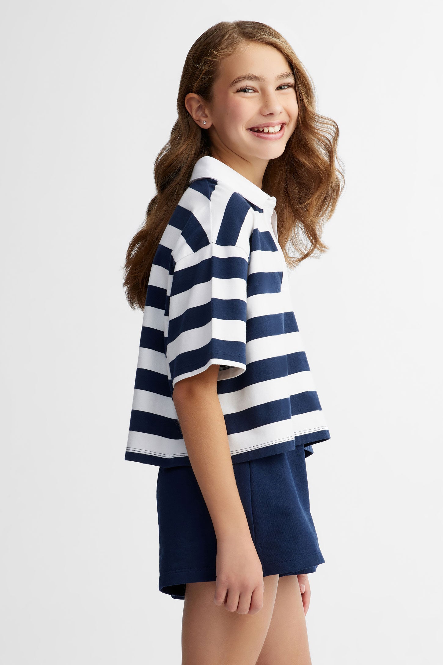 Polo manches courtes coupe ample en coton - Ado fille && BLEU MARINE MUL