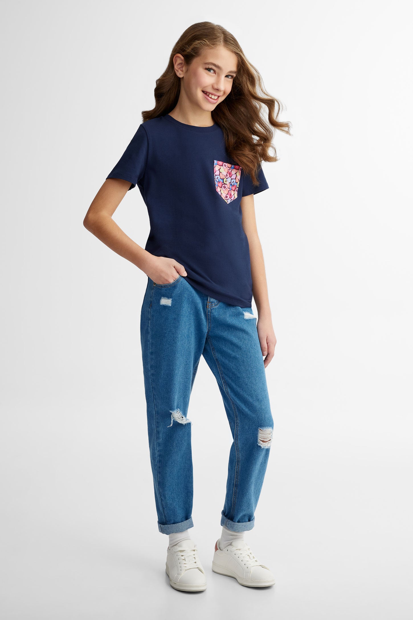 Duos futés, T-shirt à poche en coton, 2/25$ - Ado fille && BLEU MARINE