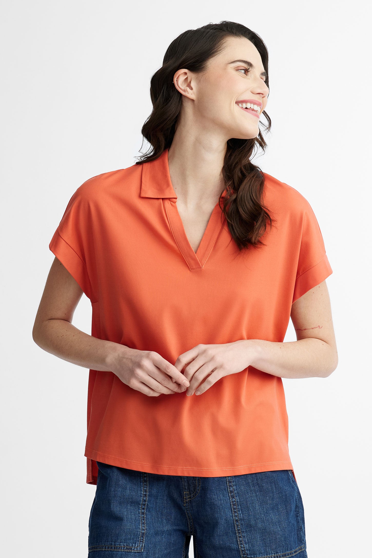 T-shirt col à revers - Femme && ORANGE