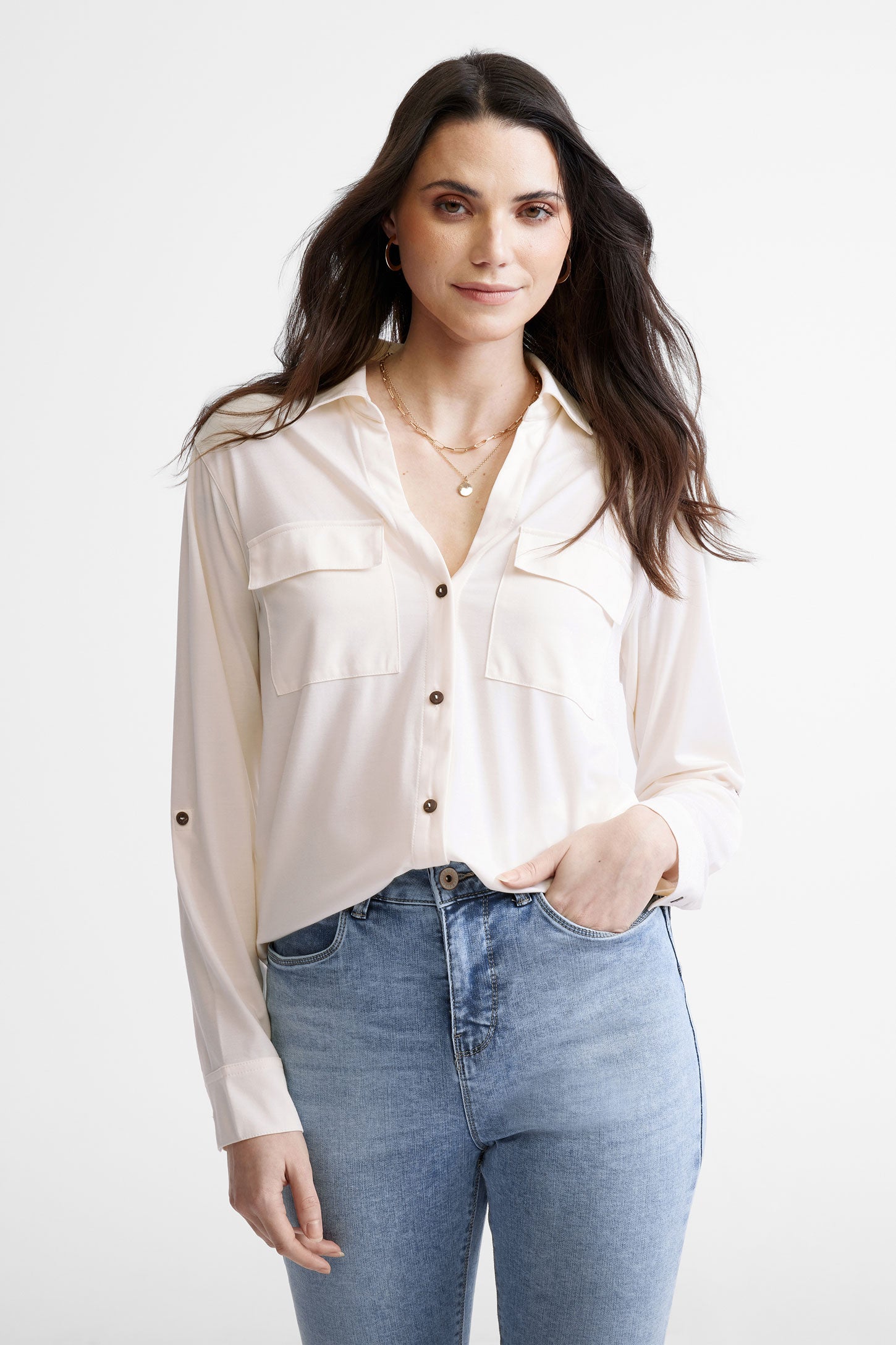 Chemiser manches longues à languette - Femme && IVOIRE