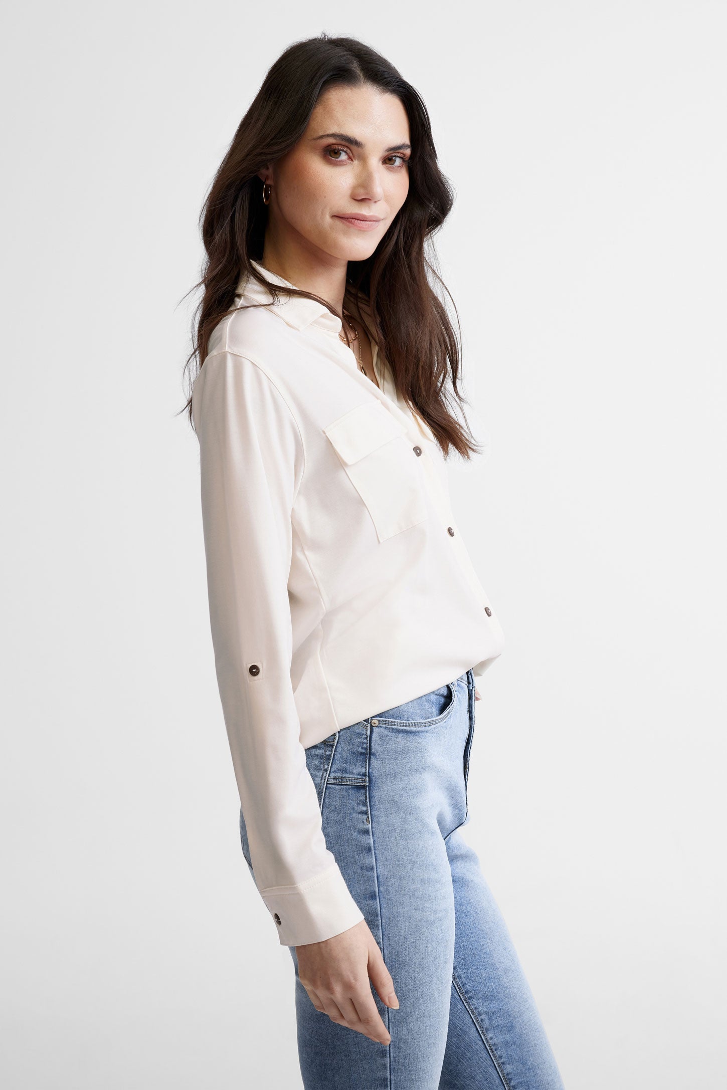Chemiser manches longues à languette - Femme && IVOIRE