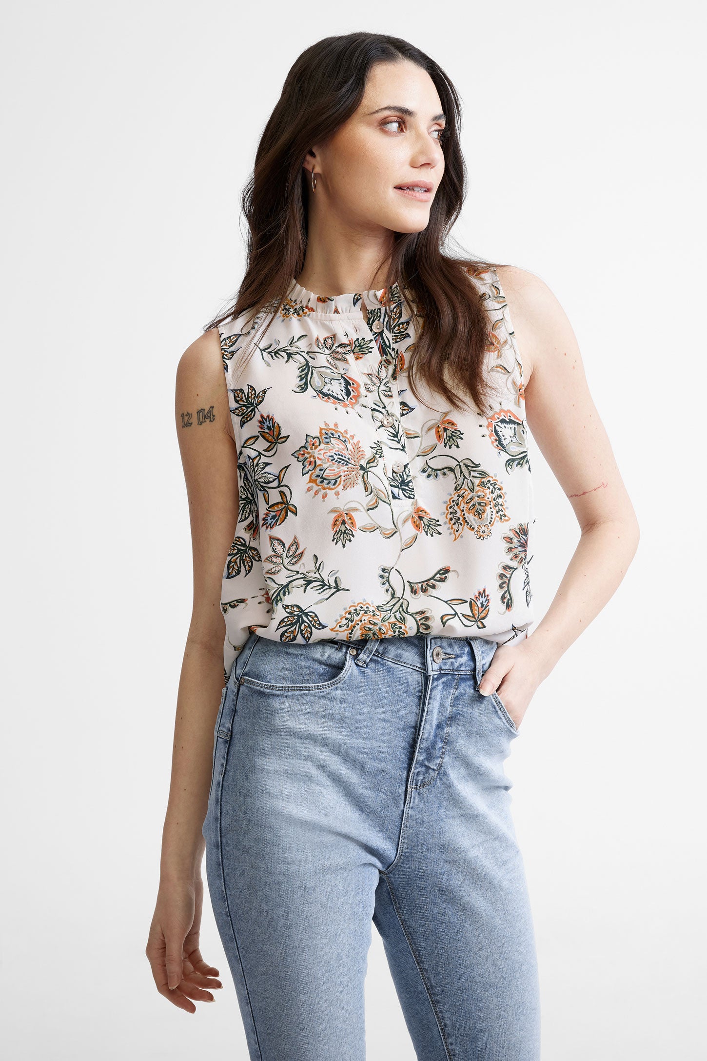 Chemisier sans manches imprimé floral - Femme && IVOIRE/MULTI