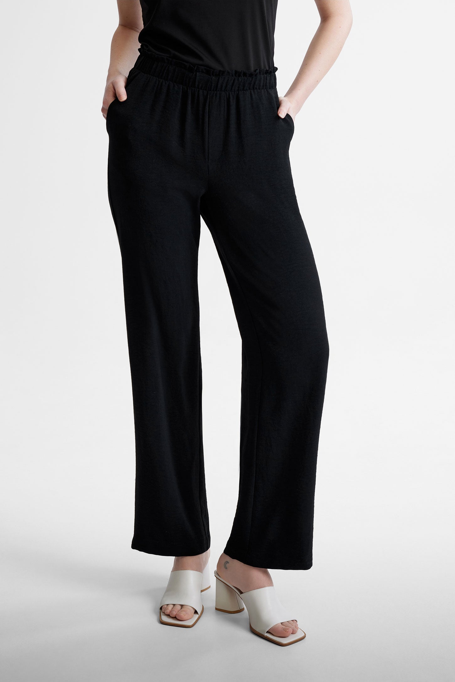 Pantalon taille élastique jambe large - Femme && NOIR