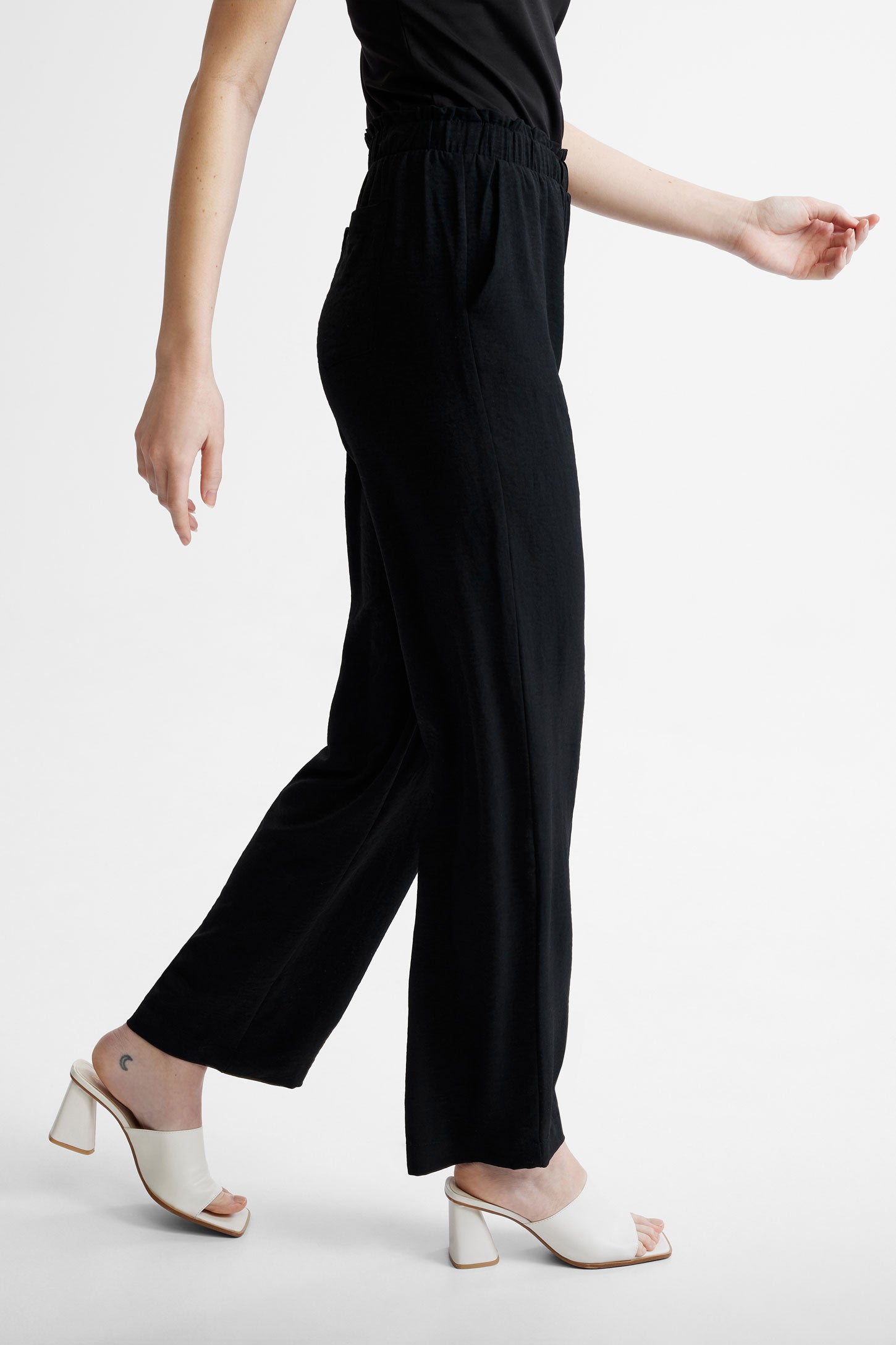 Pantalon taille élastique jambe large - Femme && NOIR