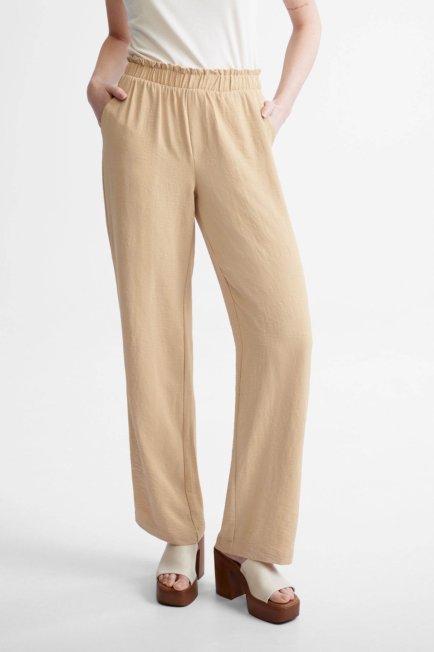 Pantalon taille élastique jambe large - Femme && BEIGE