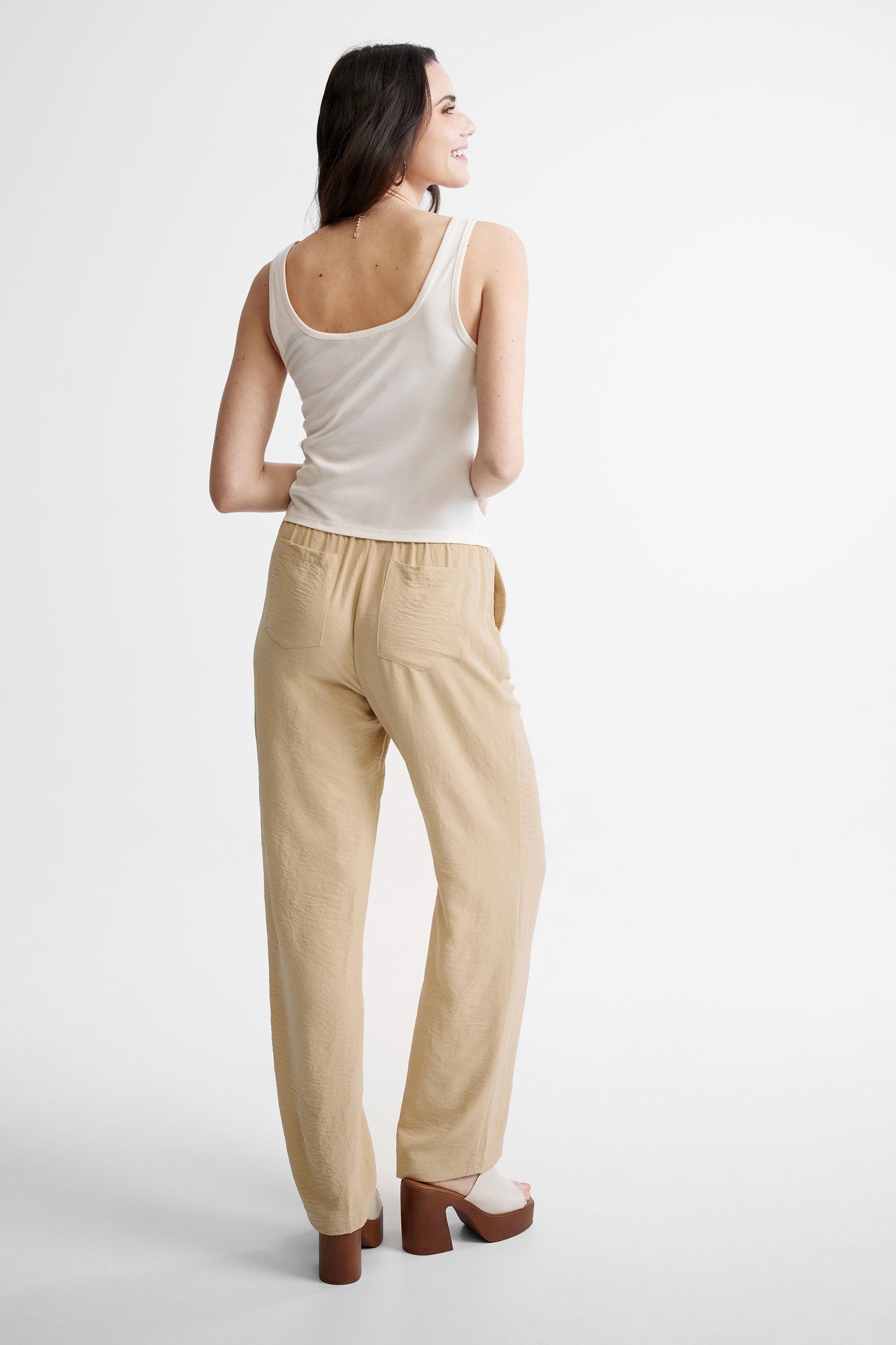 Pantalon taille élastique jambe large - Femme && BEIGE