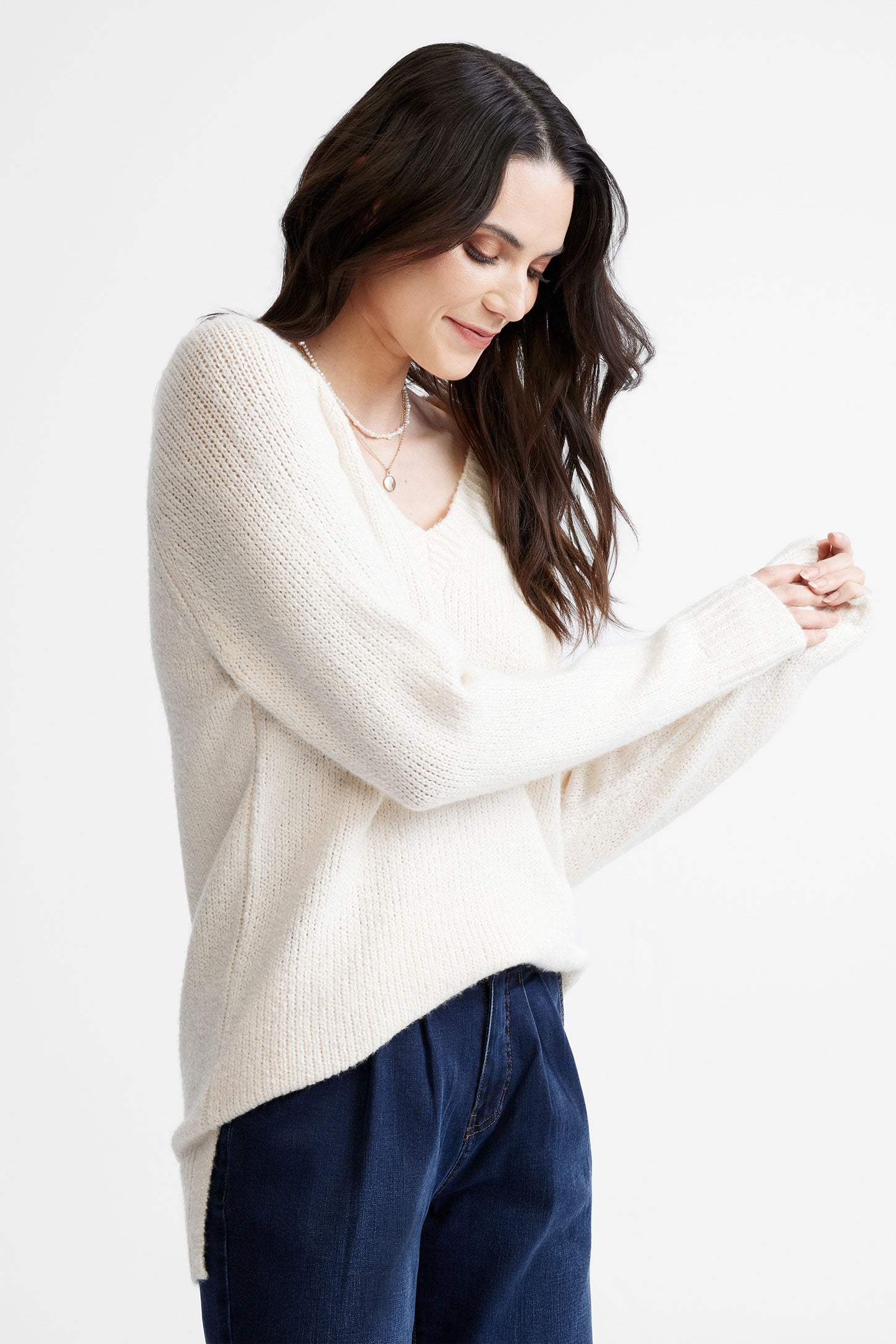 Chandail col en V en tricot - Femme && BEIGE/MULTI