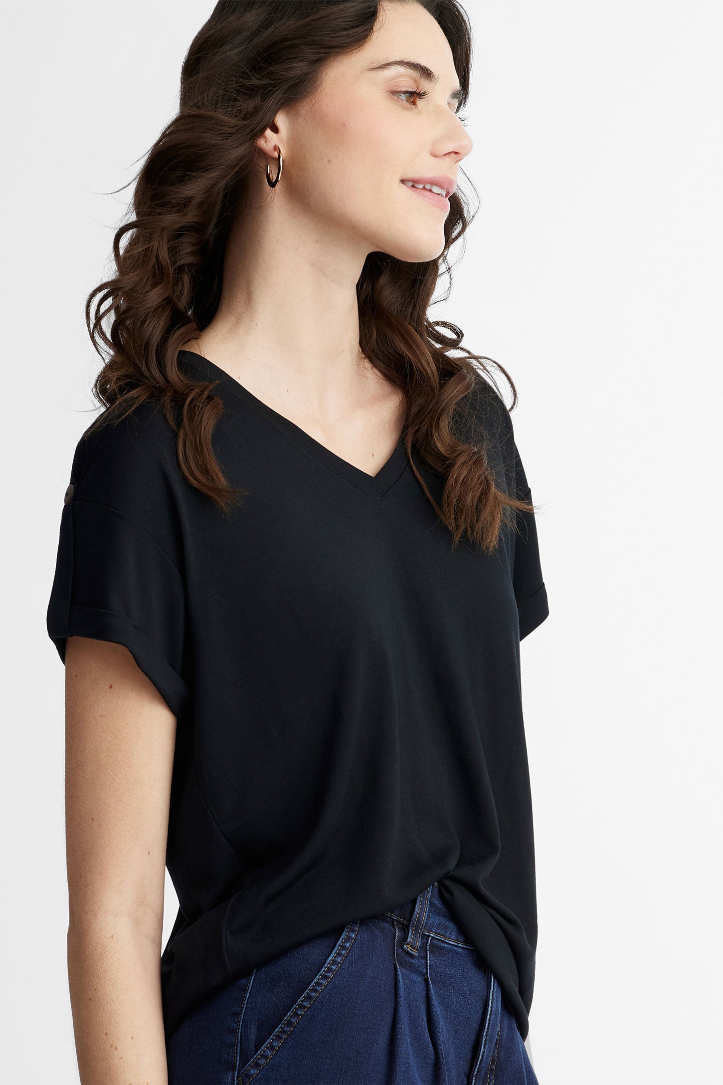 T-shirt col en V en Modal - Femme && NOIR