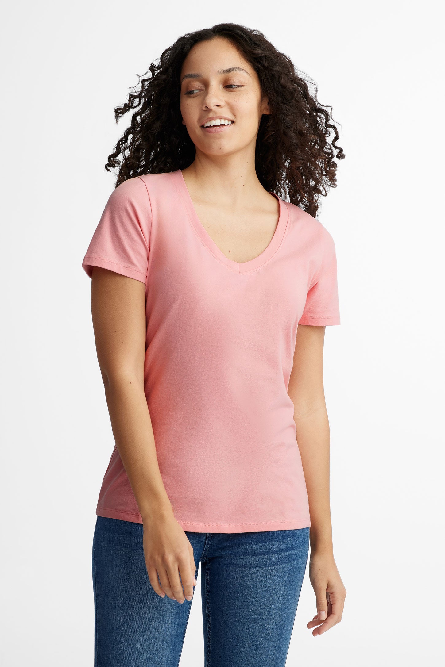 T-shirt col en V coupe semi-ajustée coton - Femme && ROSE