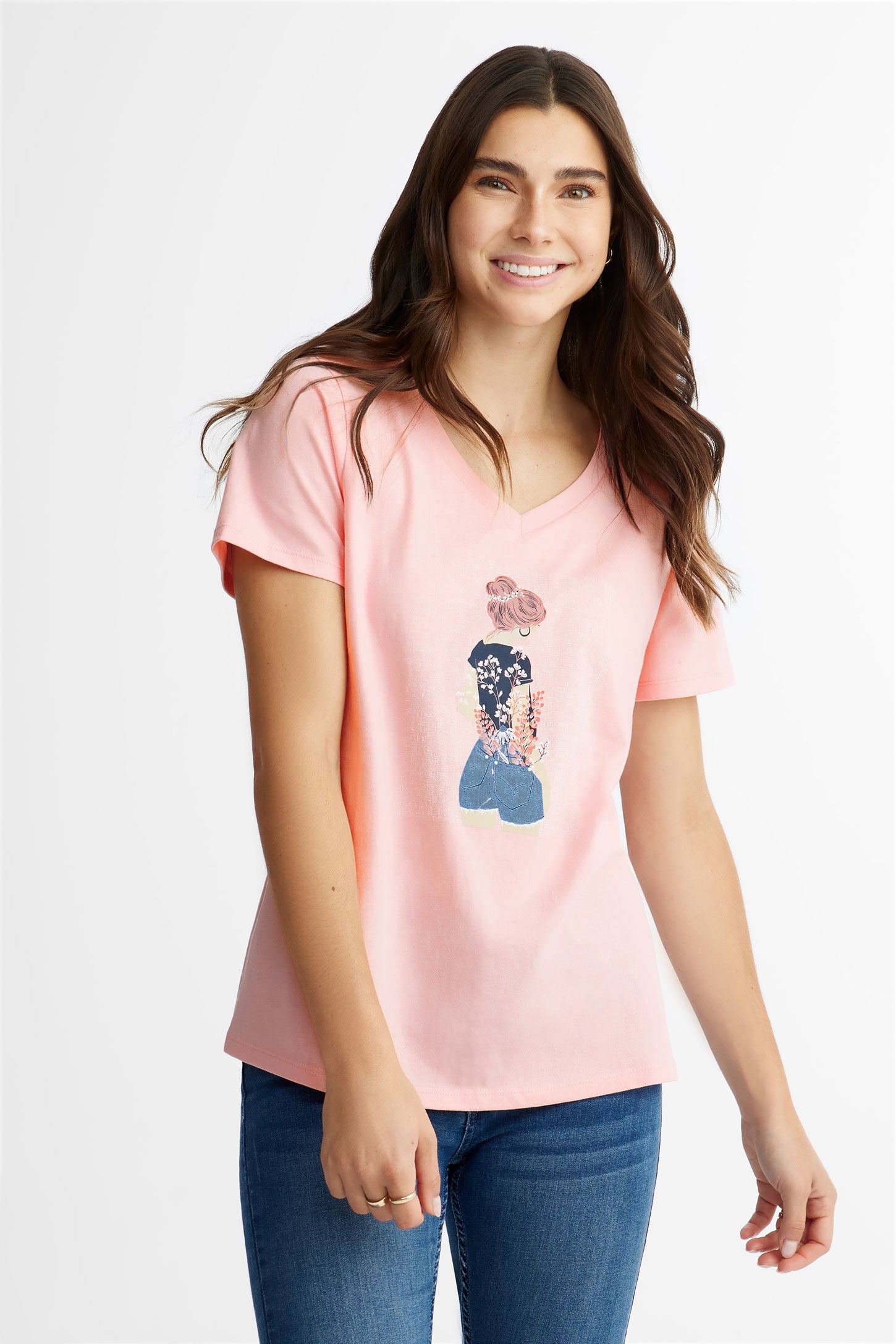 T-shirt col en V en coton, 2/30$ - Femme && ROSE
