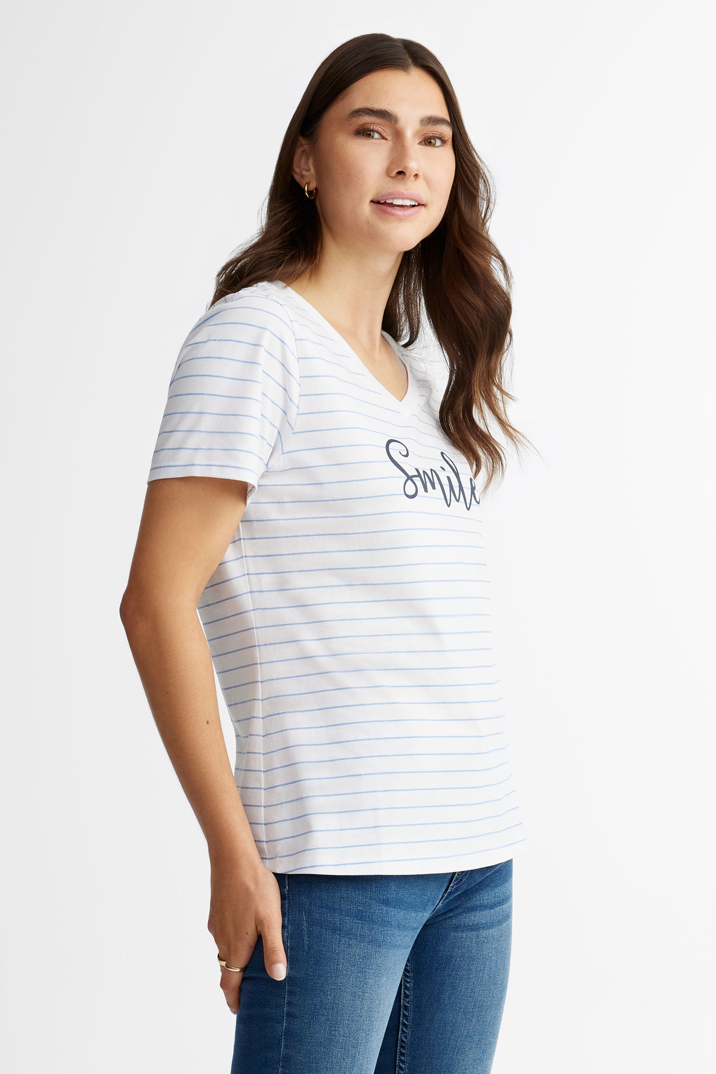 T-shirt col en V en coton, 2/30$ - Femme && BLANC MULTI