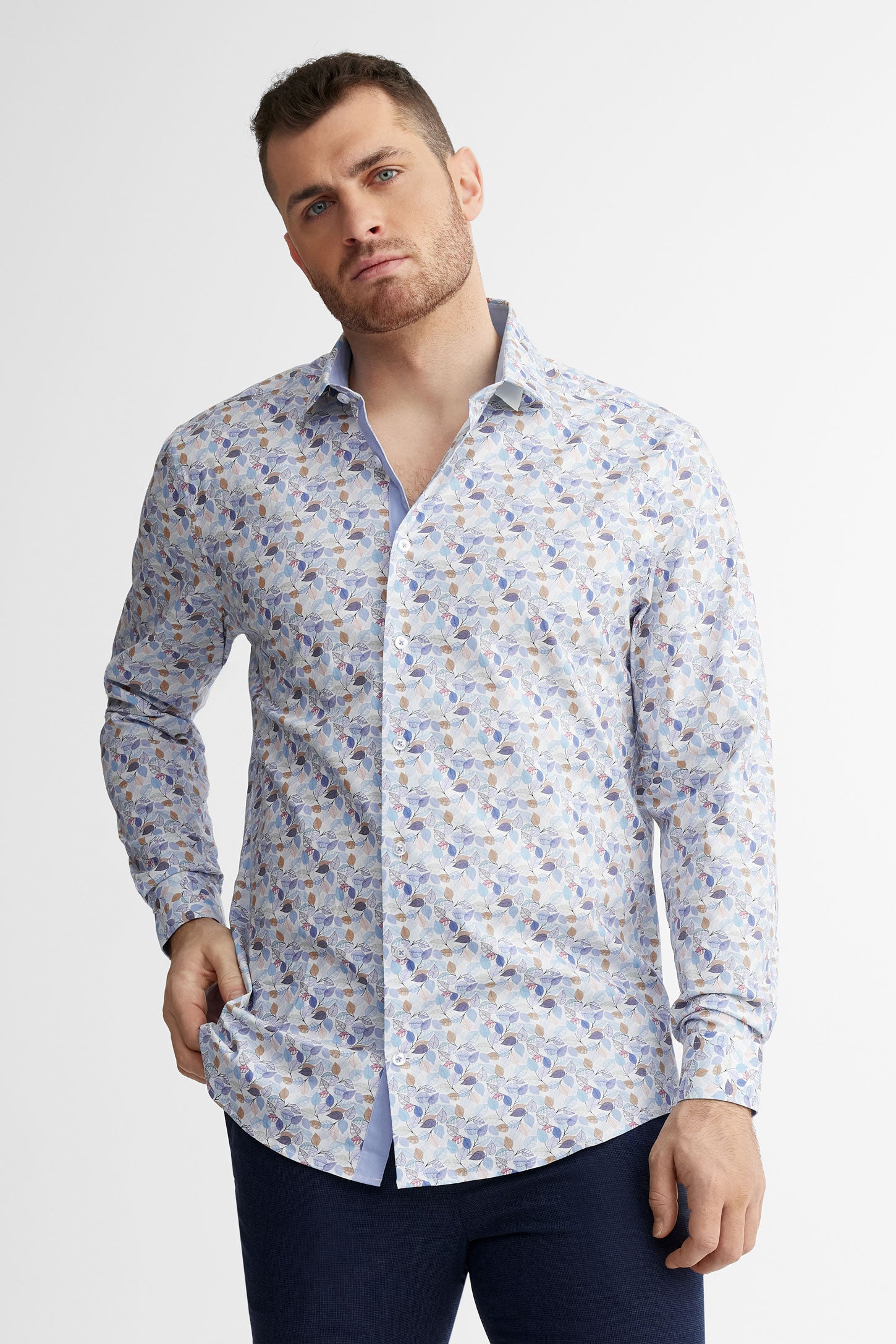 Chemise habillée coupe ajustée en coton - Homme && BLEU MULTI