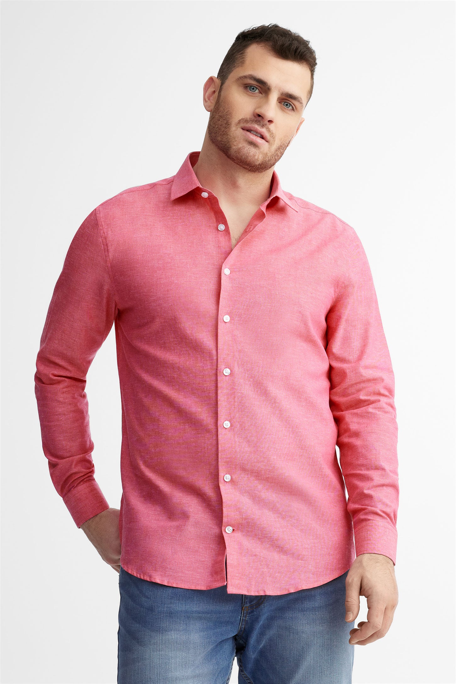 Chemise habillée coupe ajustée coton et lin - Homme && ROSE