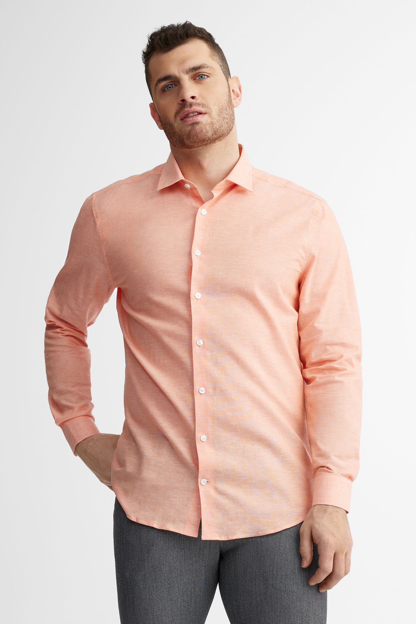 Chemise habillée coupe ajustée coton et lin - Homme && ORANGE