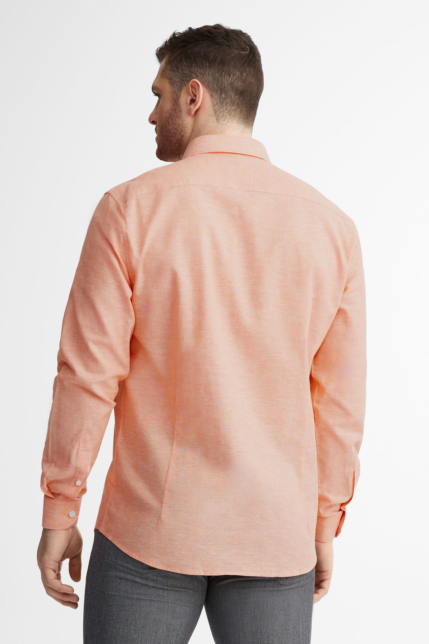 Chemise habillée coupe ajustée coton et lin - Homme && ORANGE