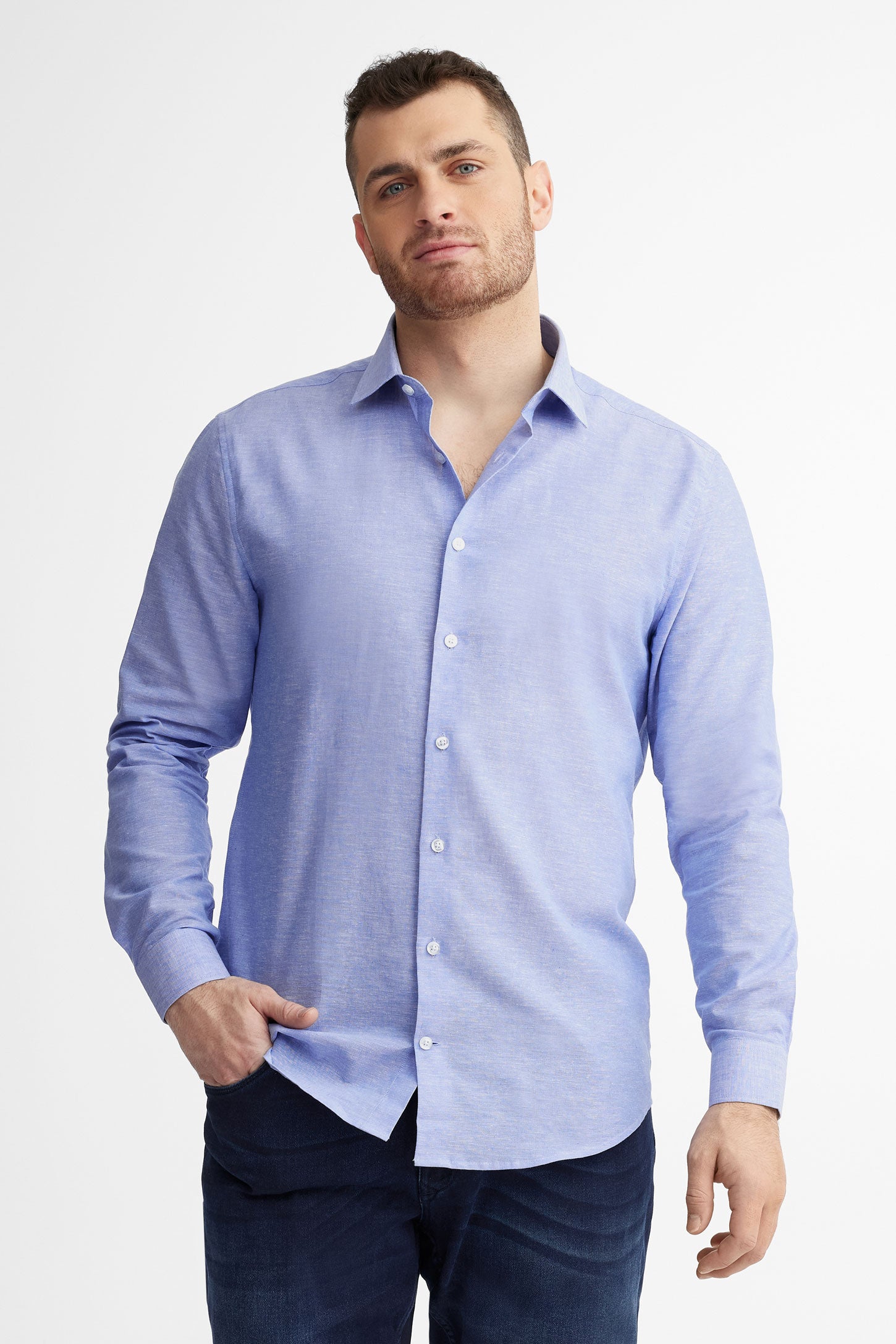 Chemise habillée coupe ajustée coton et lin - Homme && BLEU