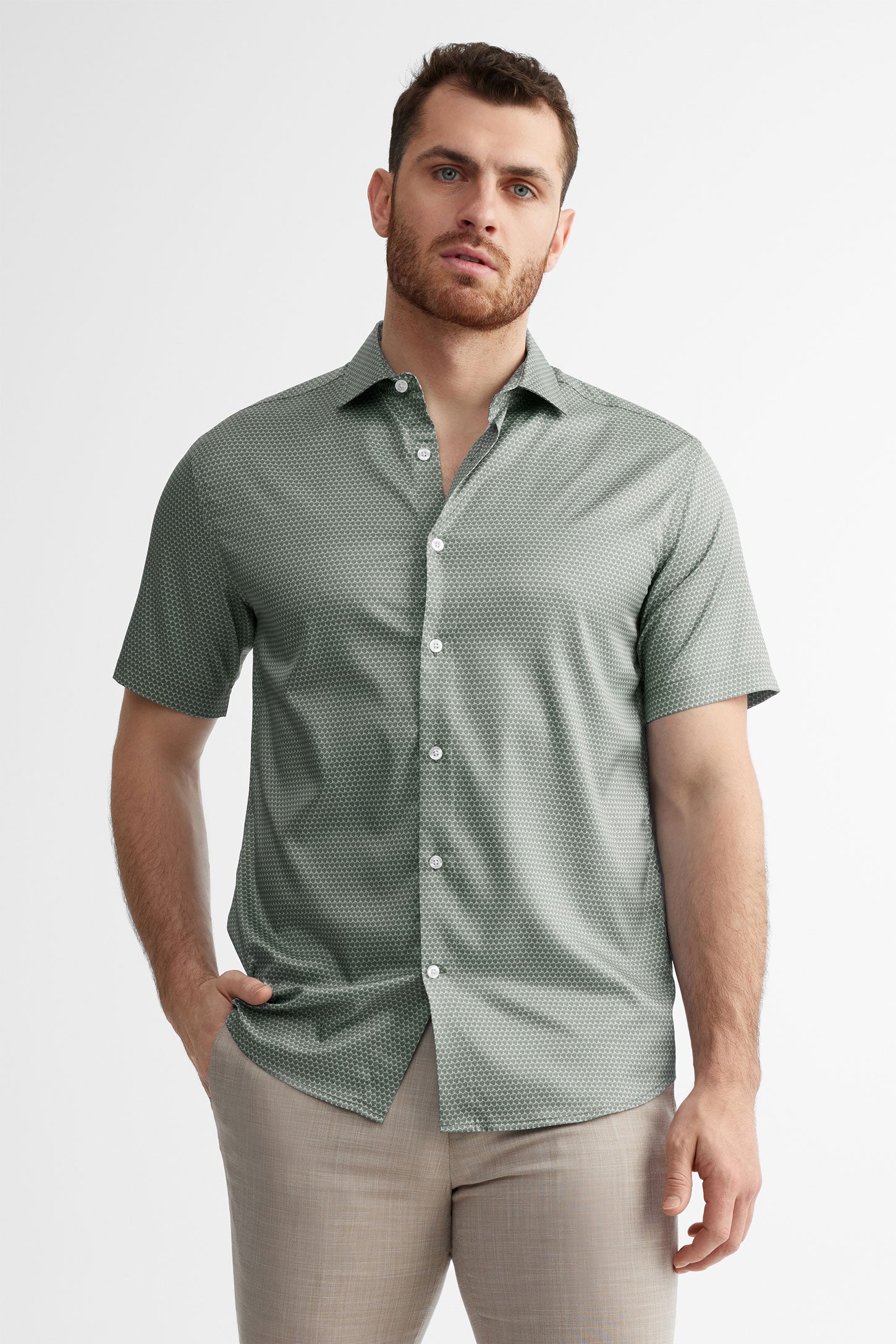 Chemise manches courtes imprimée en microfibres - Homme && VERT/MULTI