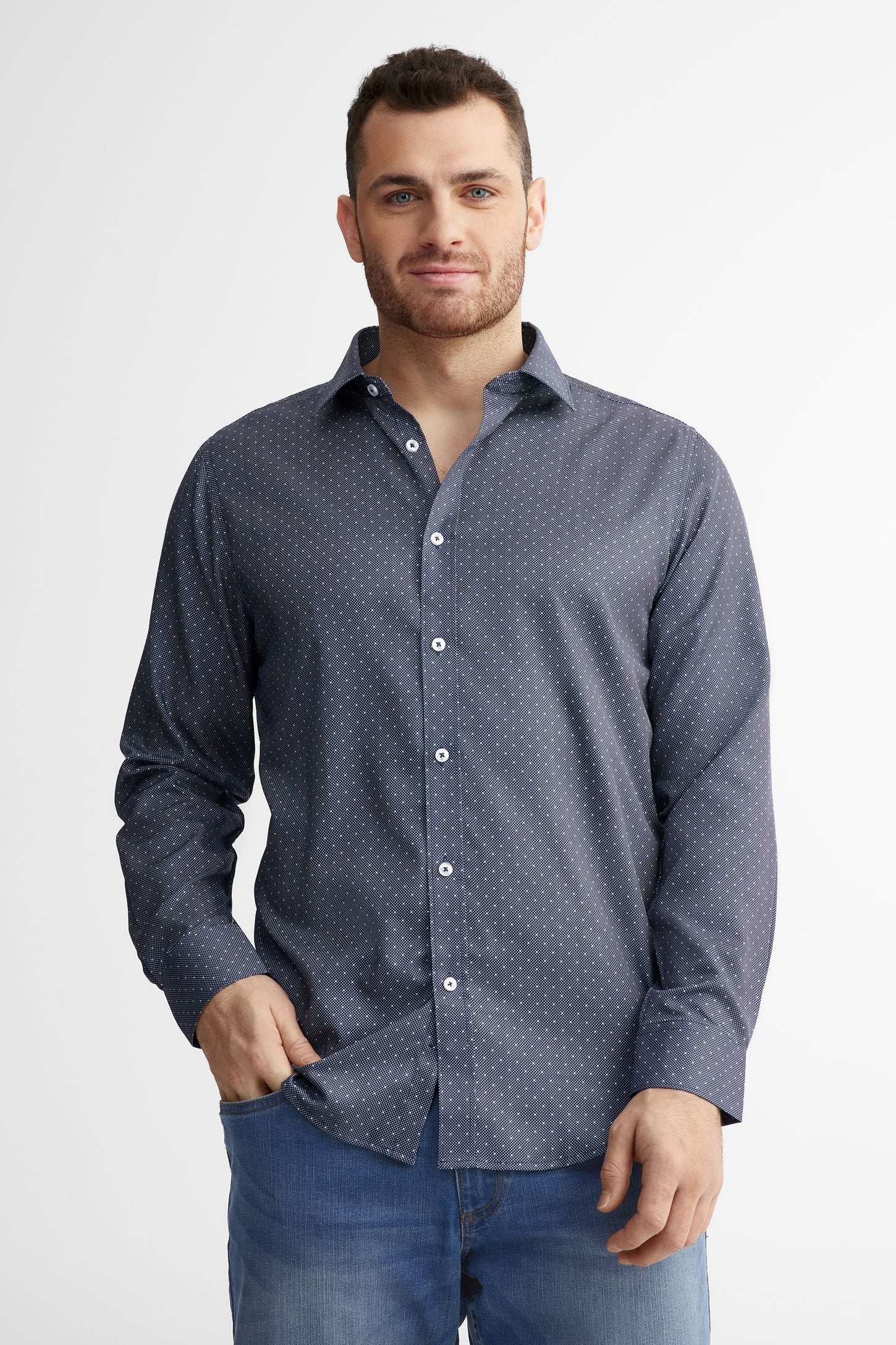 Chemise habillée imprimée coupe régulière - Homme && BLEU MARINE