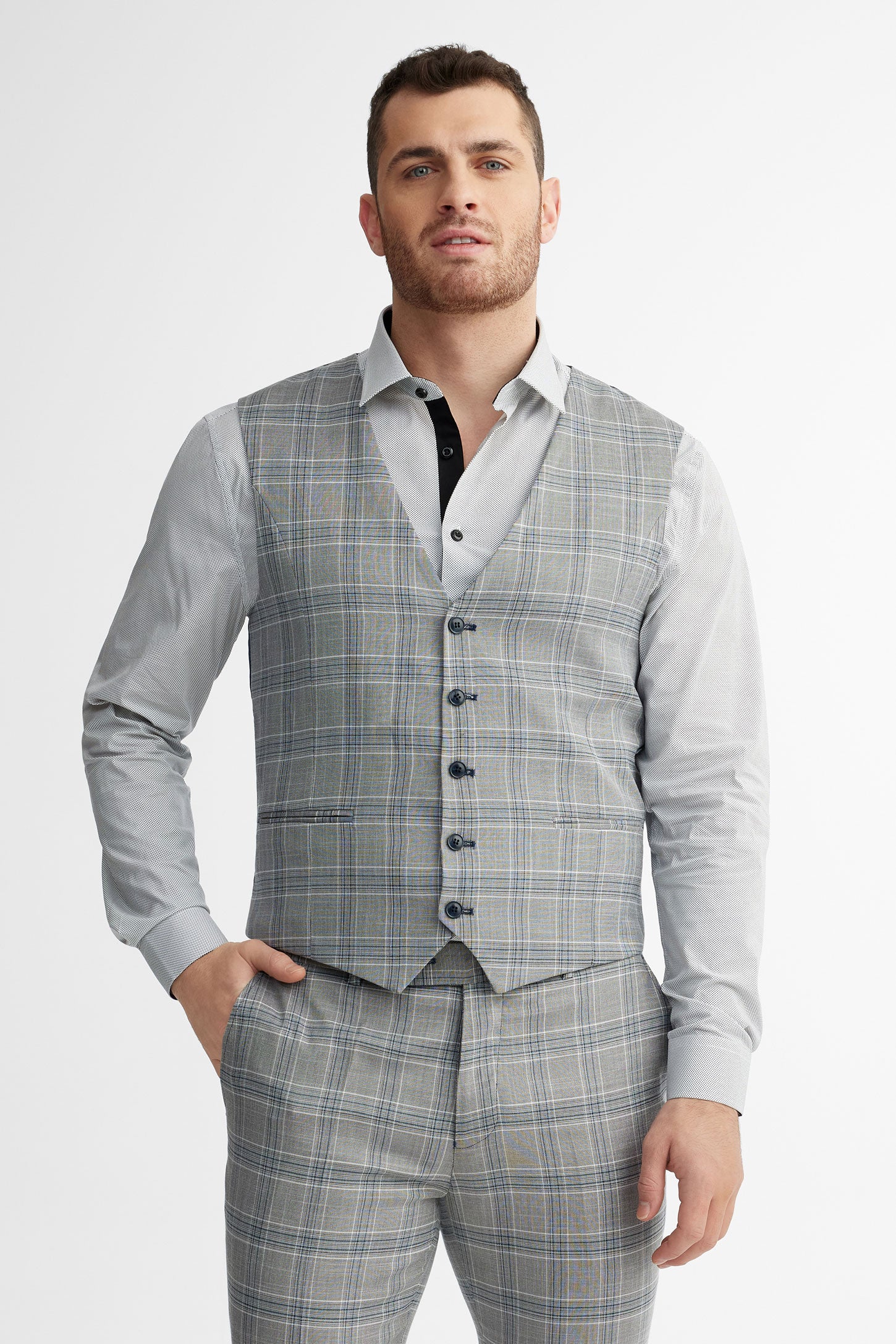 Veste de complet à carreaux coupe ajustée - Homme && GRIS MIXTE