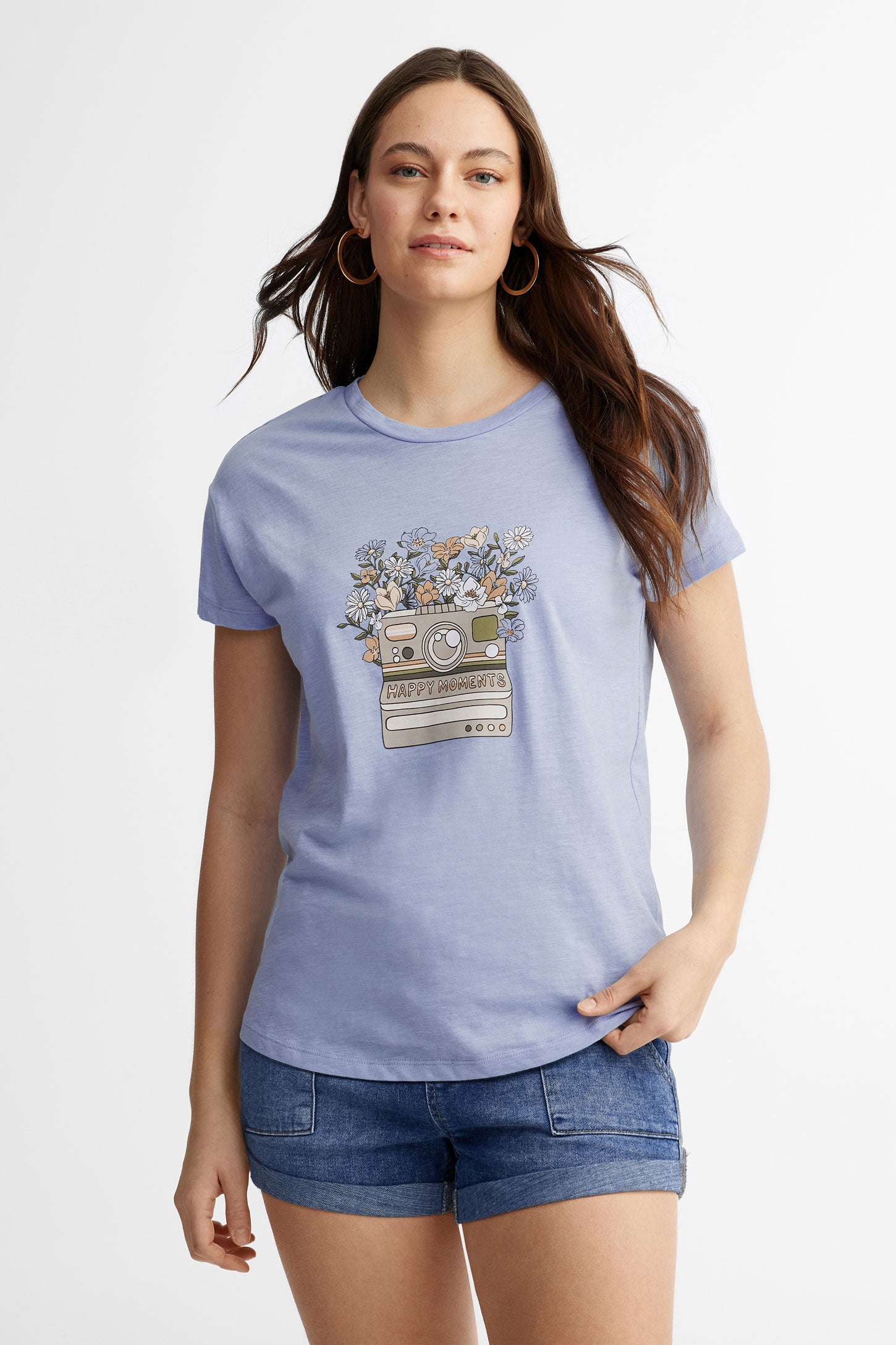 T-shirt imprimé en coton - Femme && BLEU