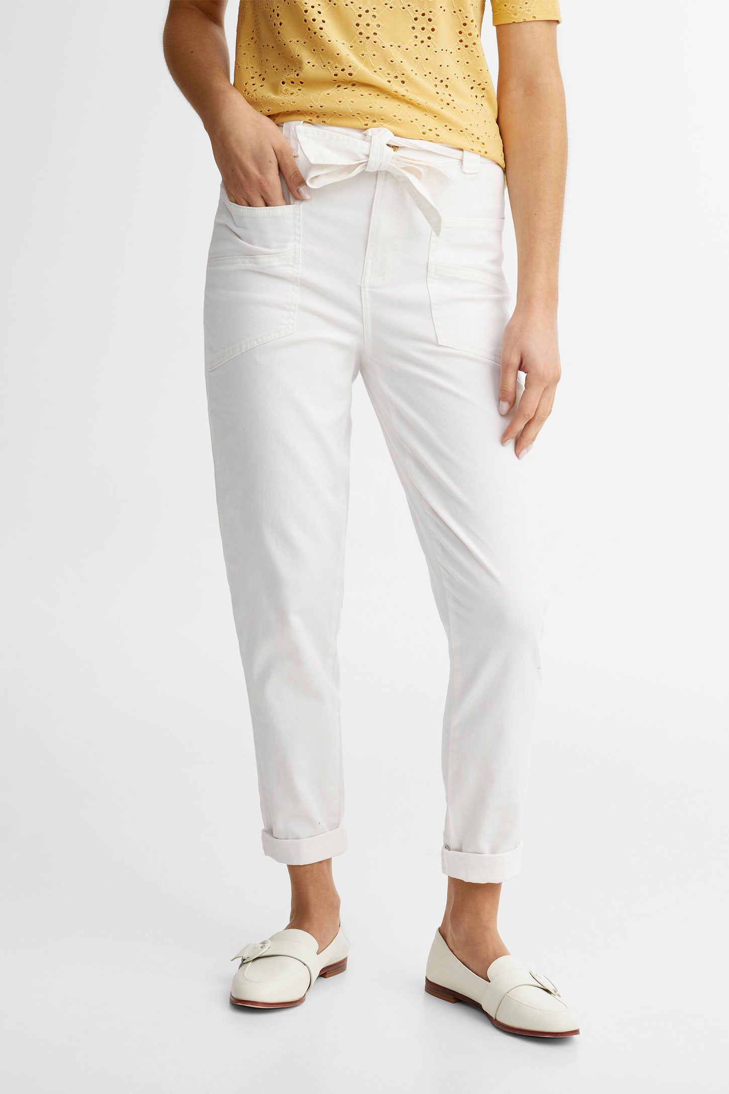 Pantalon ceinture nouée coupe ajustée - Femme && IVOIRE