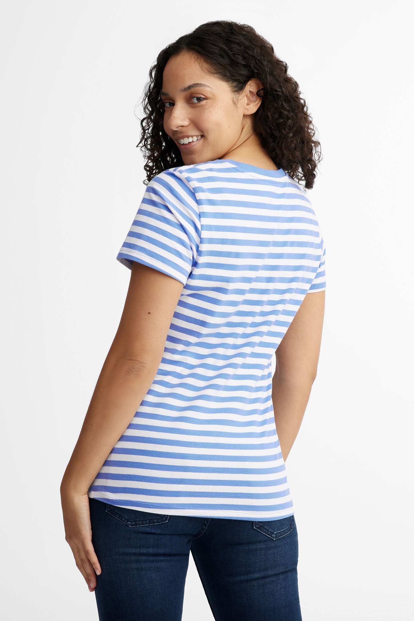 T-shirt col rond coupe semi-ajustée coton - Femme && BLEU MULTI