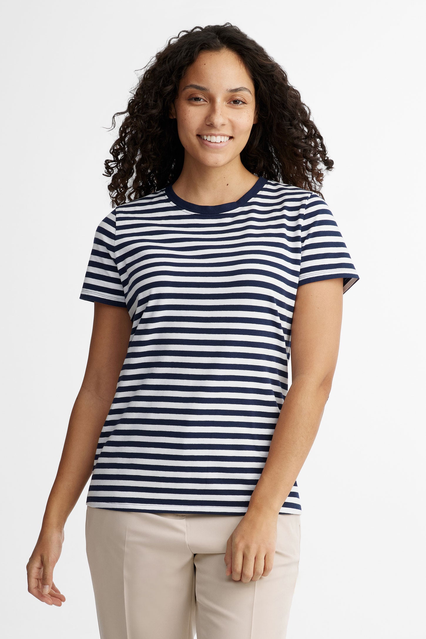 T-shirt col rond coupe semi-ajustée coton - Femme && MARIN/MULTI