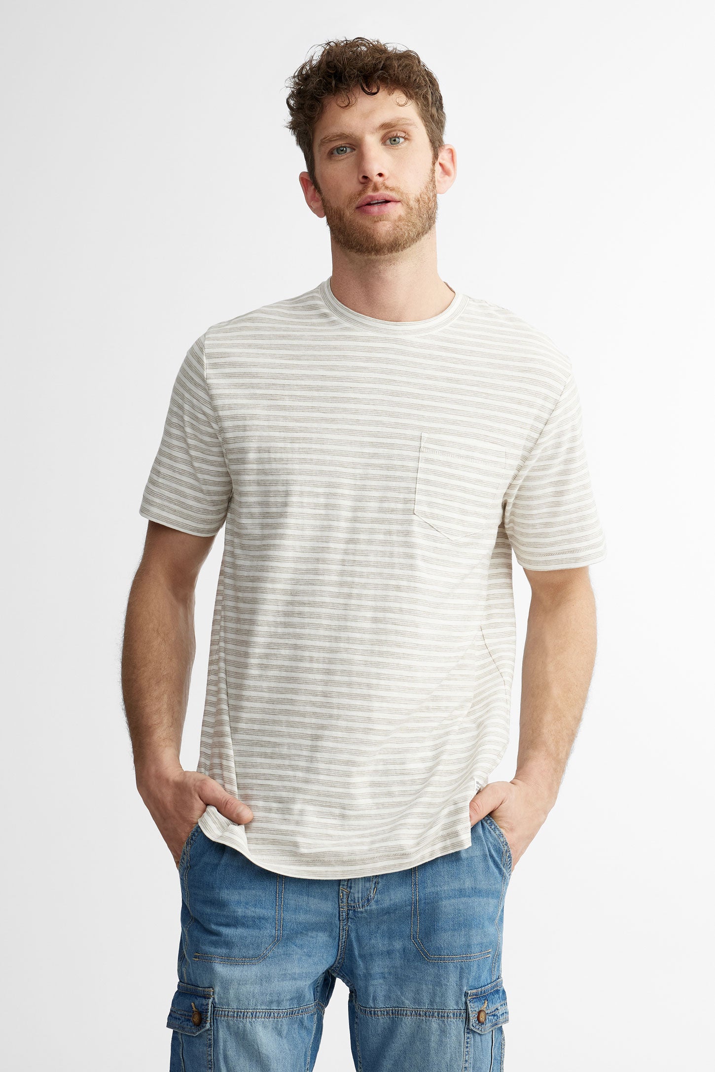 T-shirt col rond à poche rayé en coton - Homme && BLANC MULTI