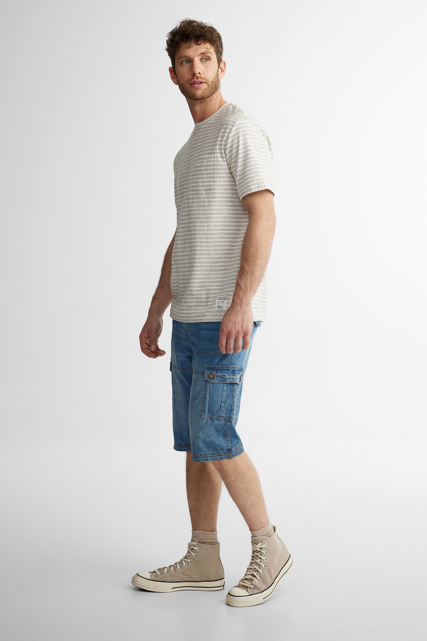 T-shirt col rond à poche rayé en coton - Homme && BLANC MULTI