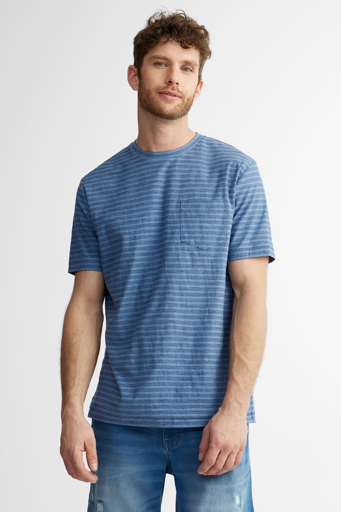 T-shirt col rond à poche rayé en coton - Homme && BLEU MULTI