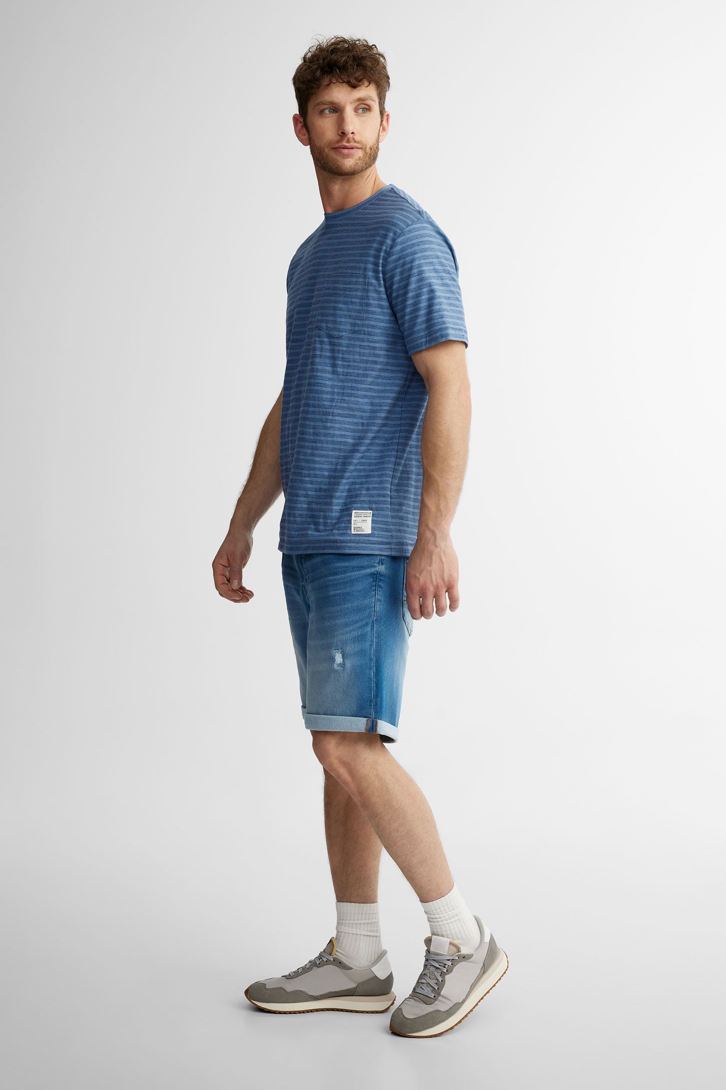 T-shirt col rond à poche rayé en coton - Homme && BLEU MULTI