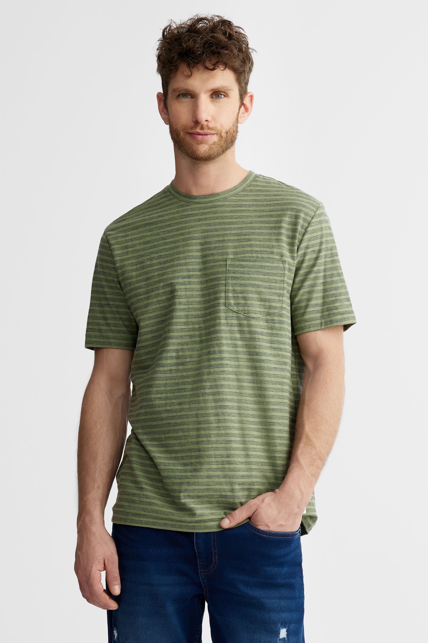 T-shirt col rond à poche rayé en coton - Homme && KAKI/MULTI
