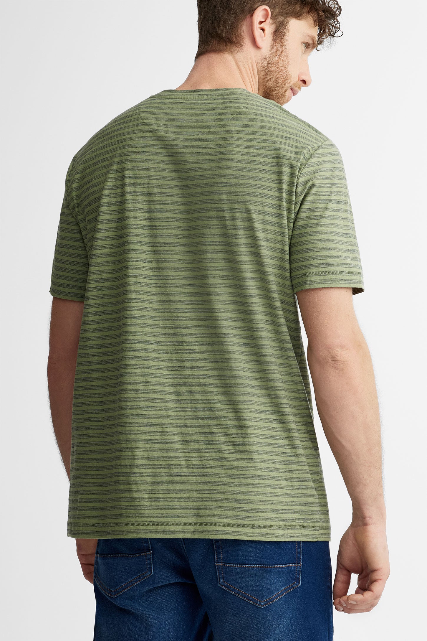 T-shirt col rond à poche rayé en coton - Homme && KAKI/MULTI