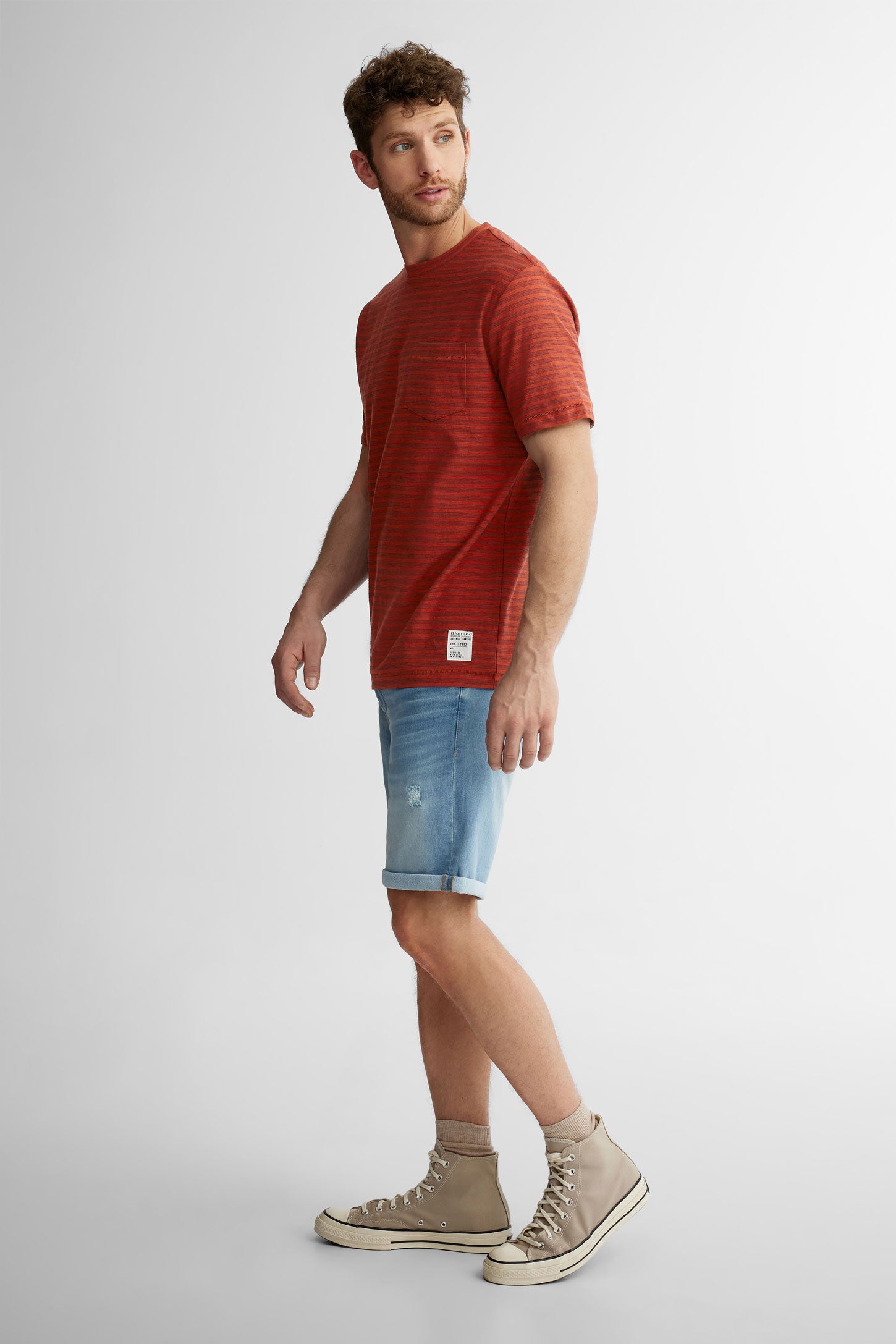 T-shirt col rond à poche rayé en coton - Homme && ROUGE/MULTI