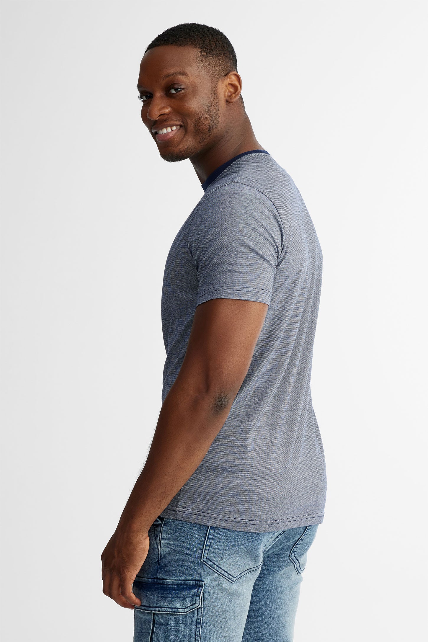 T-shirt col rond en coton - Homme && BLEU MARINE MUL