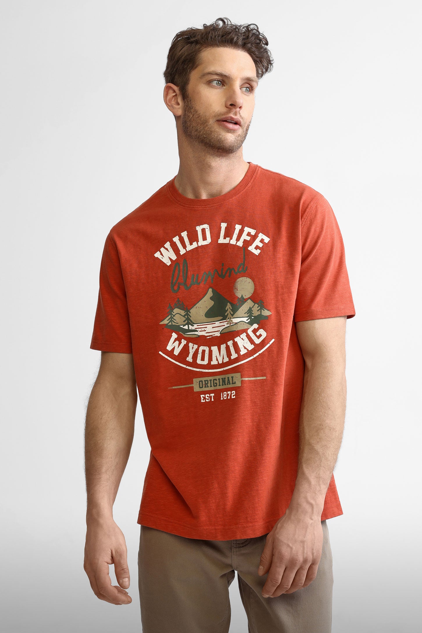 T-shirt col rond imprimé en coton - Homme && ROUGE