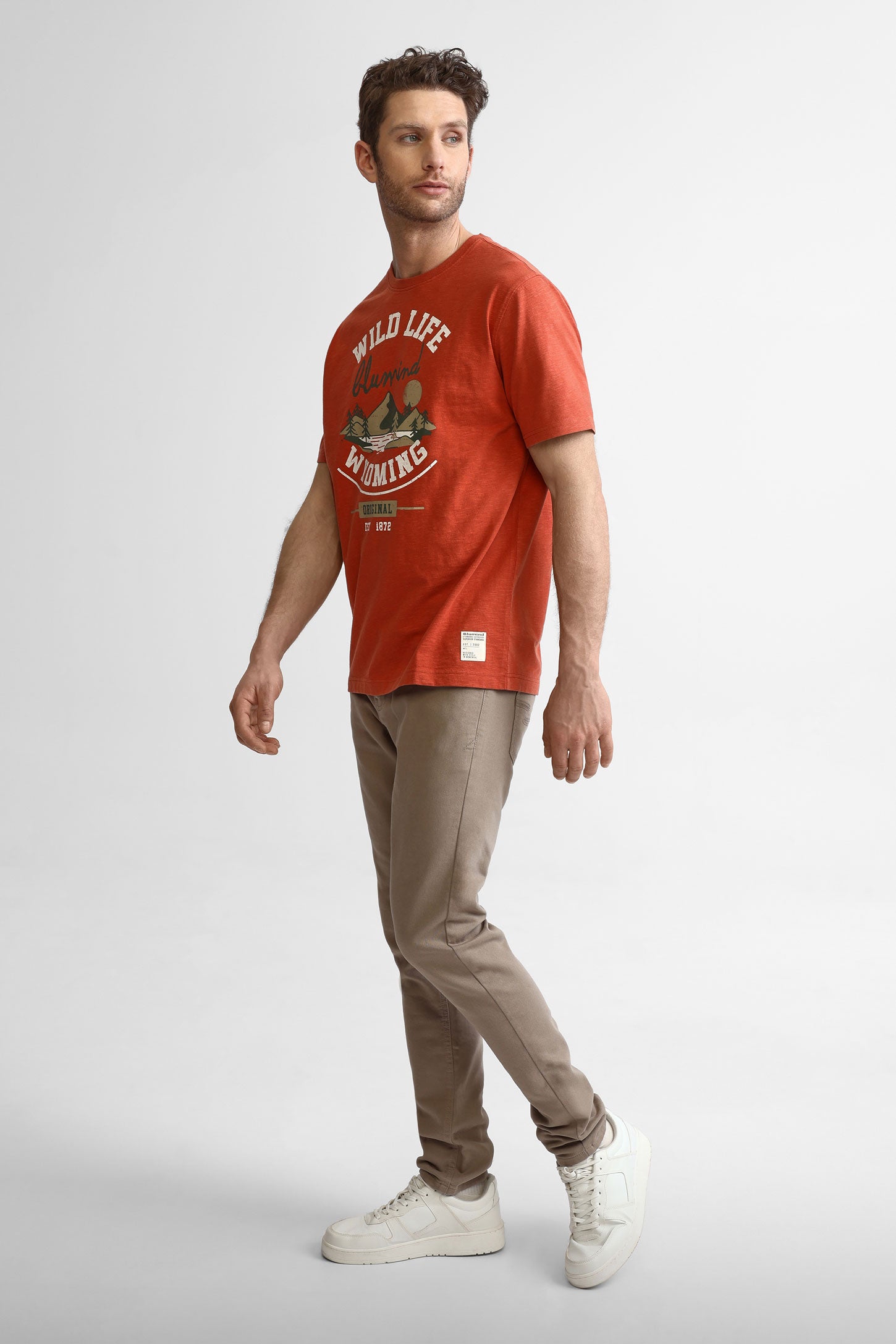 T-shirt col rond imprimé en coton - Homme && ROUGE