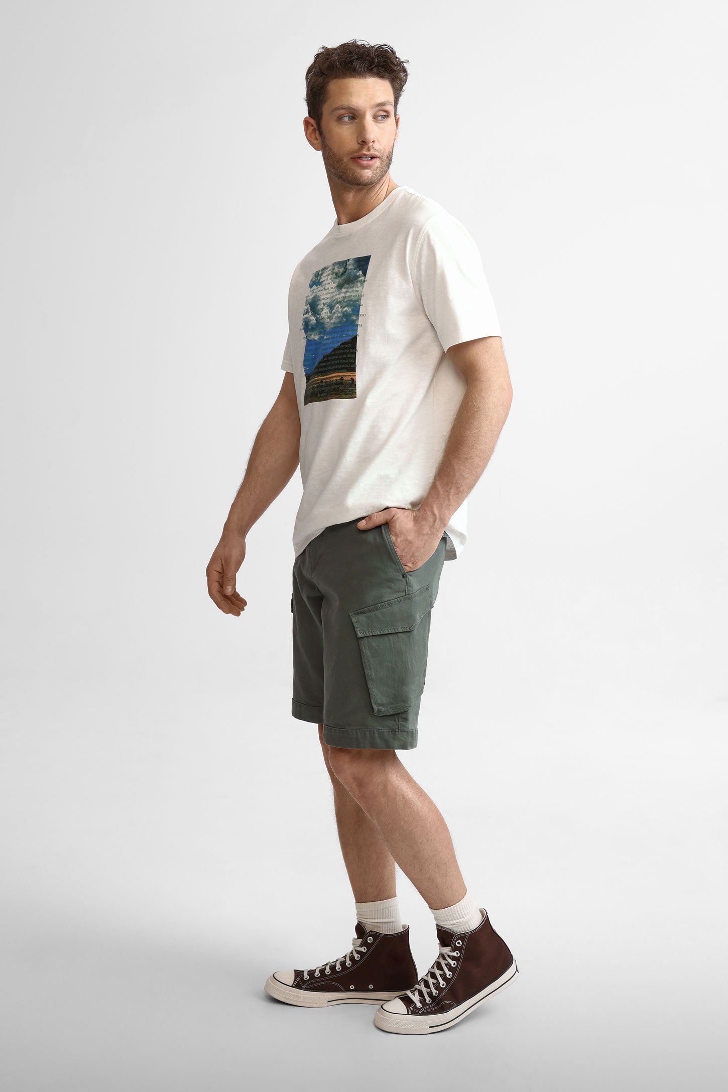 T-shirt col rond imprimé en coton - Homme && BLANC