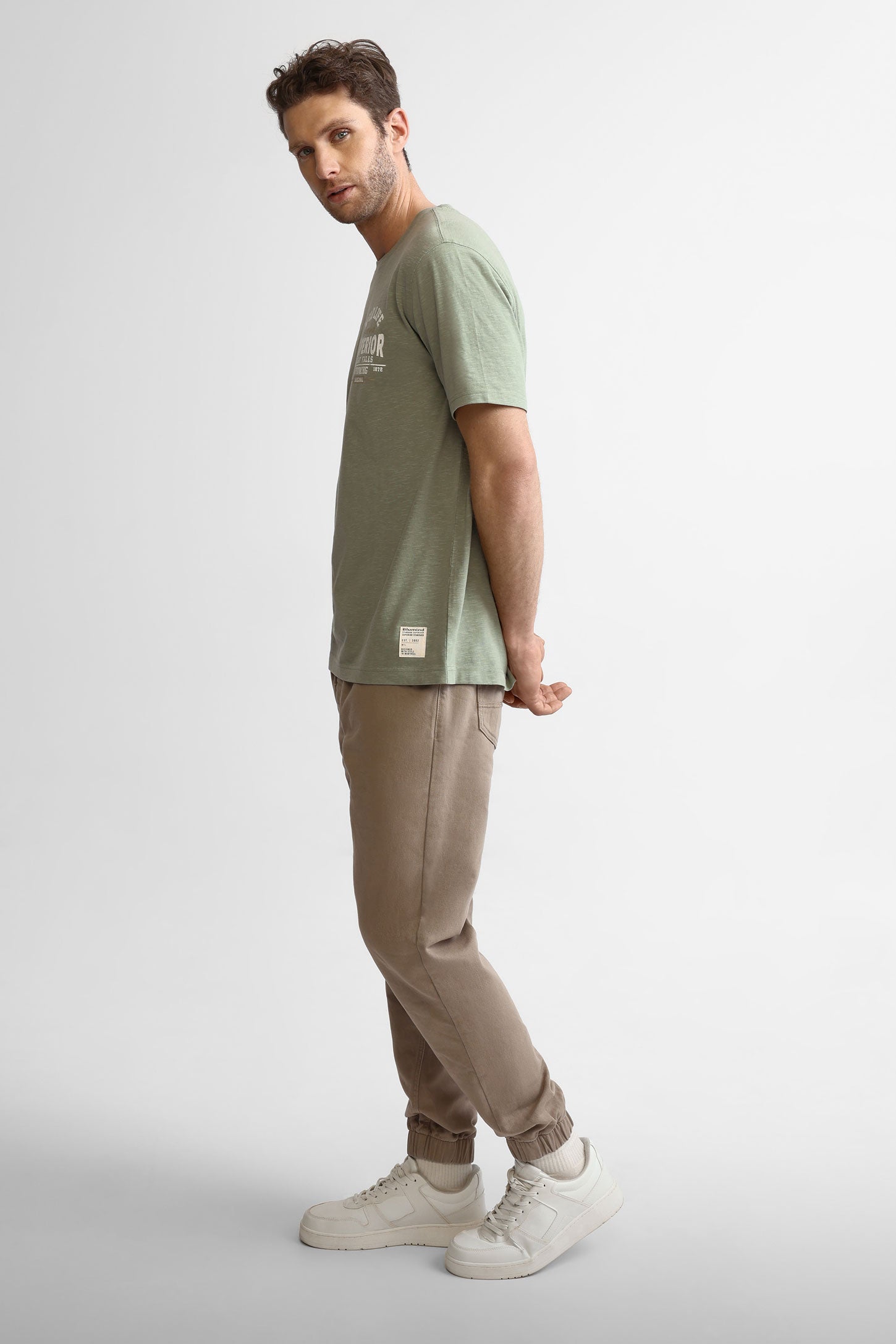 T-shirt col rond imprimé en coton - Homme && KAKI