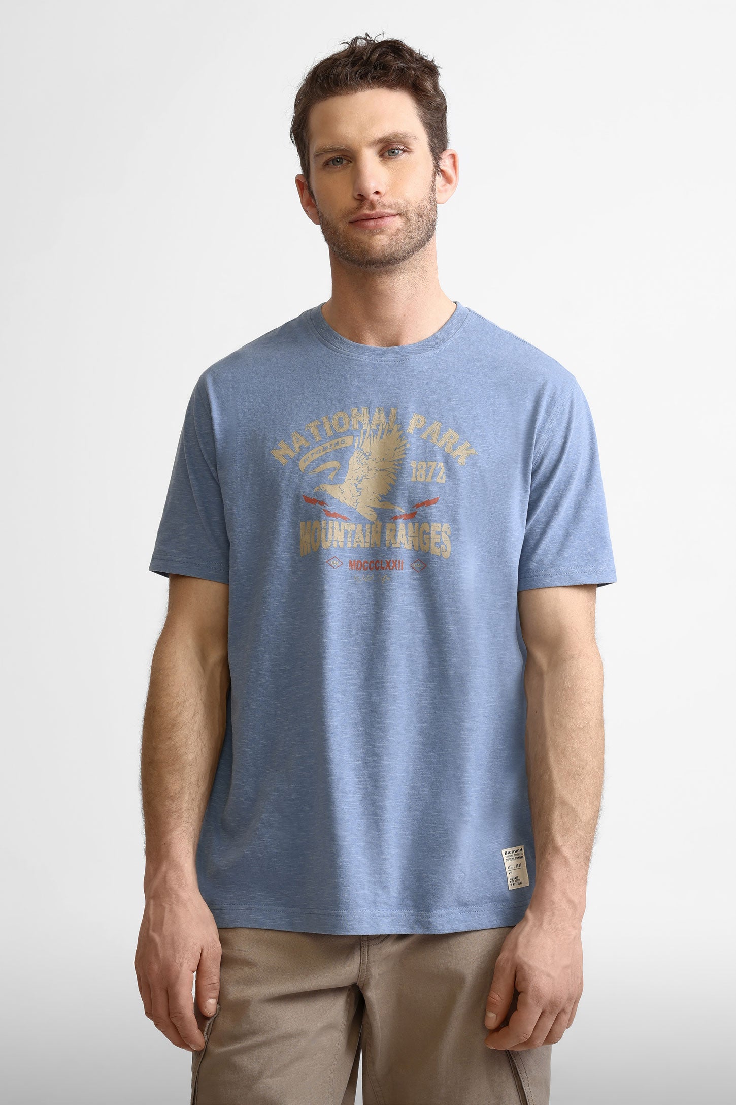 T-shirt col rond imprimé en coton - Homme && BLEU