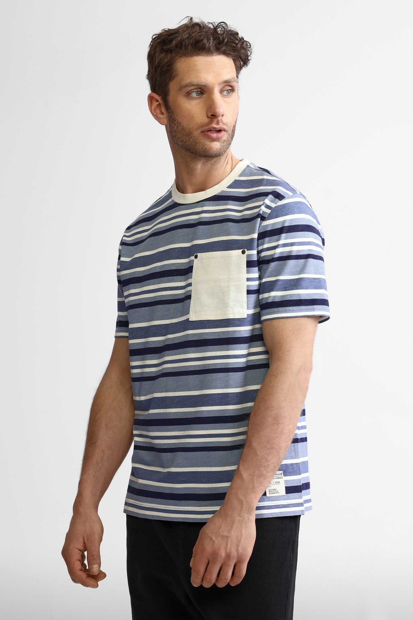 T-shirt col rond à poche rayé en coton - Homme && BLEU MULTI