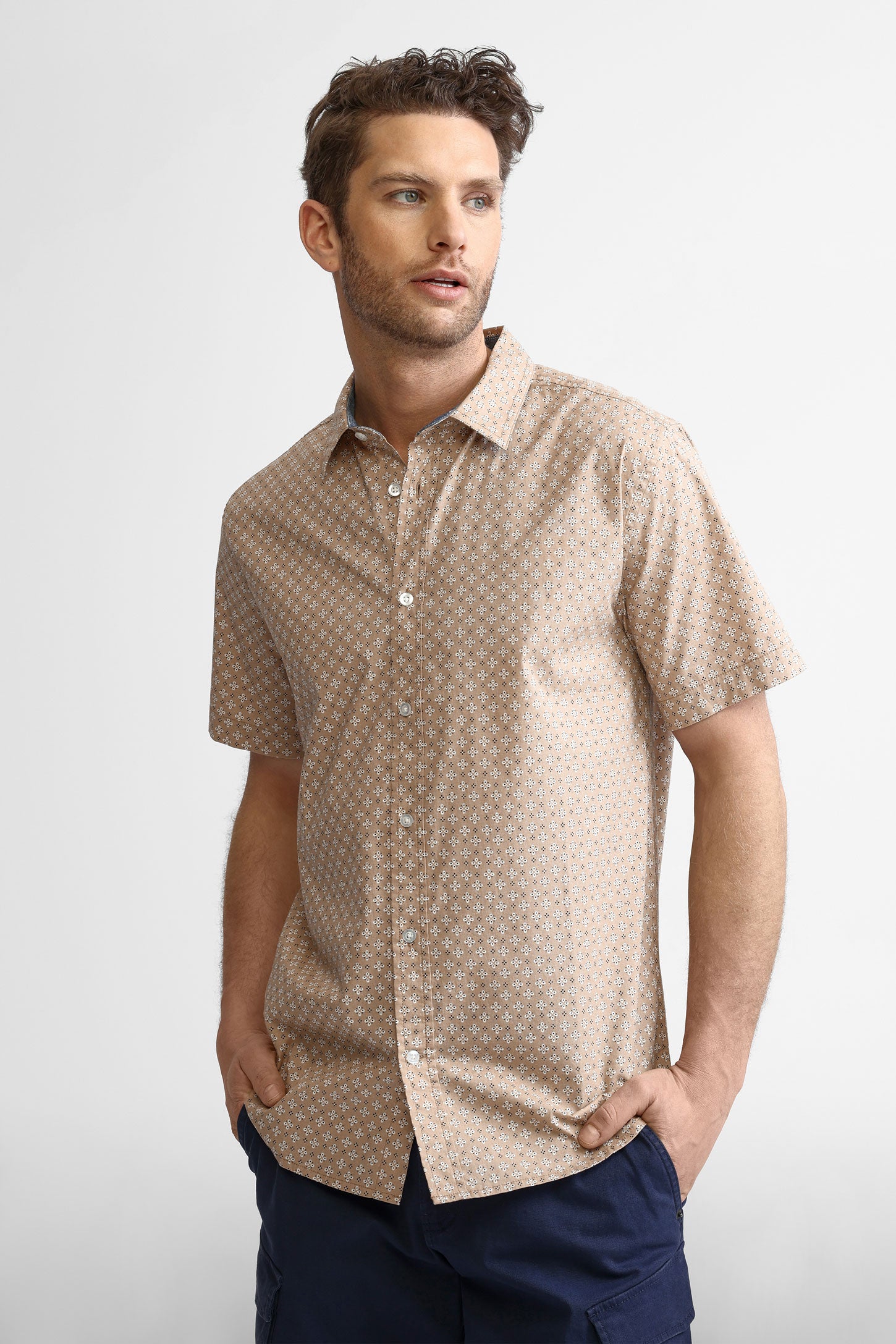 Chemise manches courtes imprimée en coton - Homme && BEIGE/MULTI