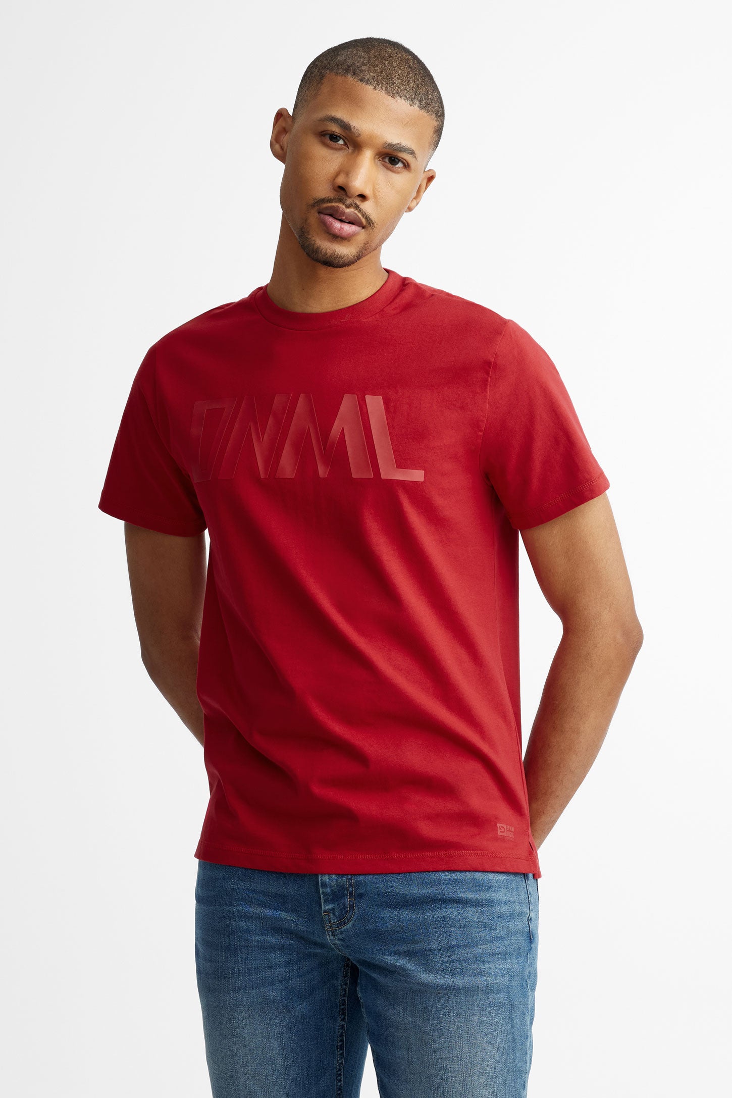 T-shirt col rond imprimé en coton - Homme && ROUGE