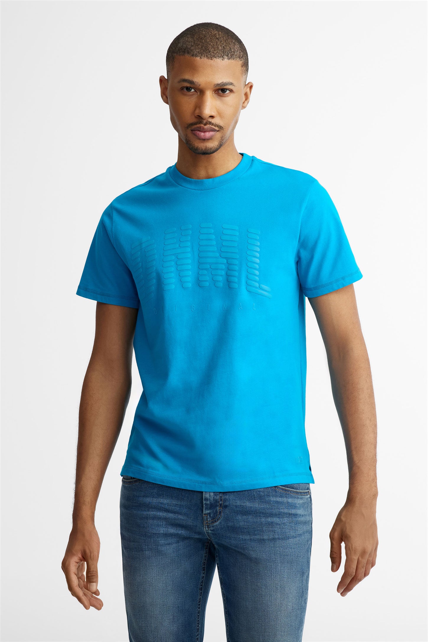 T-shirt col rond imprimé en coton - Homme && BLEU