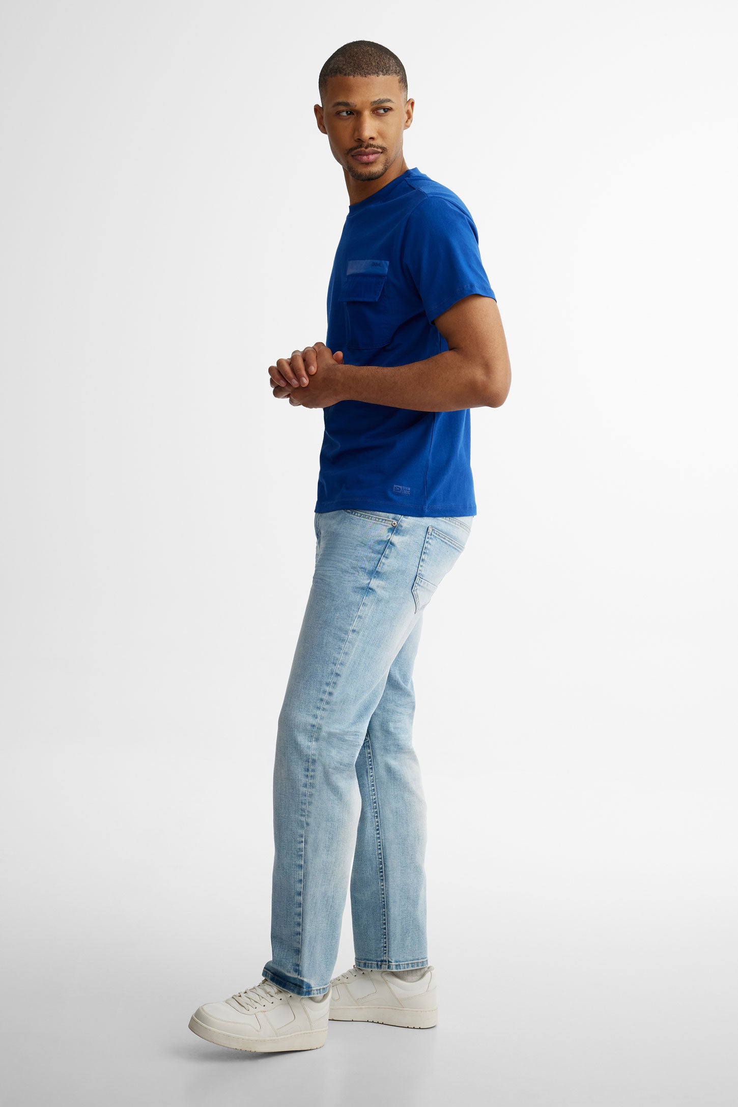 T-shirt col rond à poche en coton - Homme && BLEU