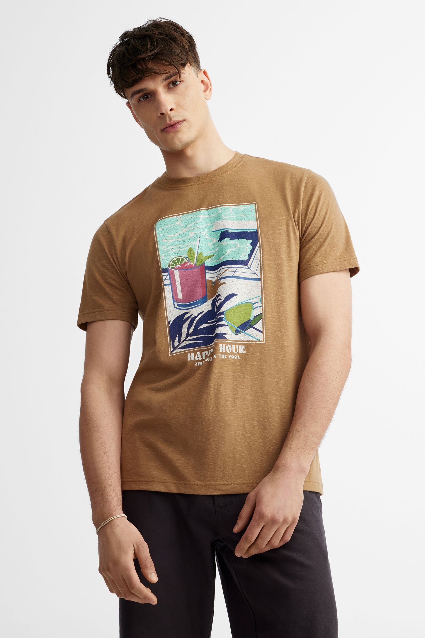 T-shirt col rond imprimé coton - Homme && BRUN