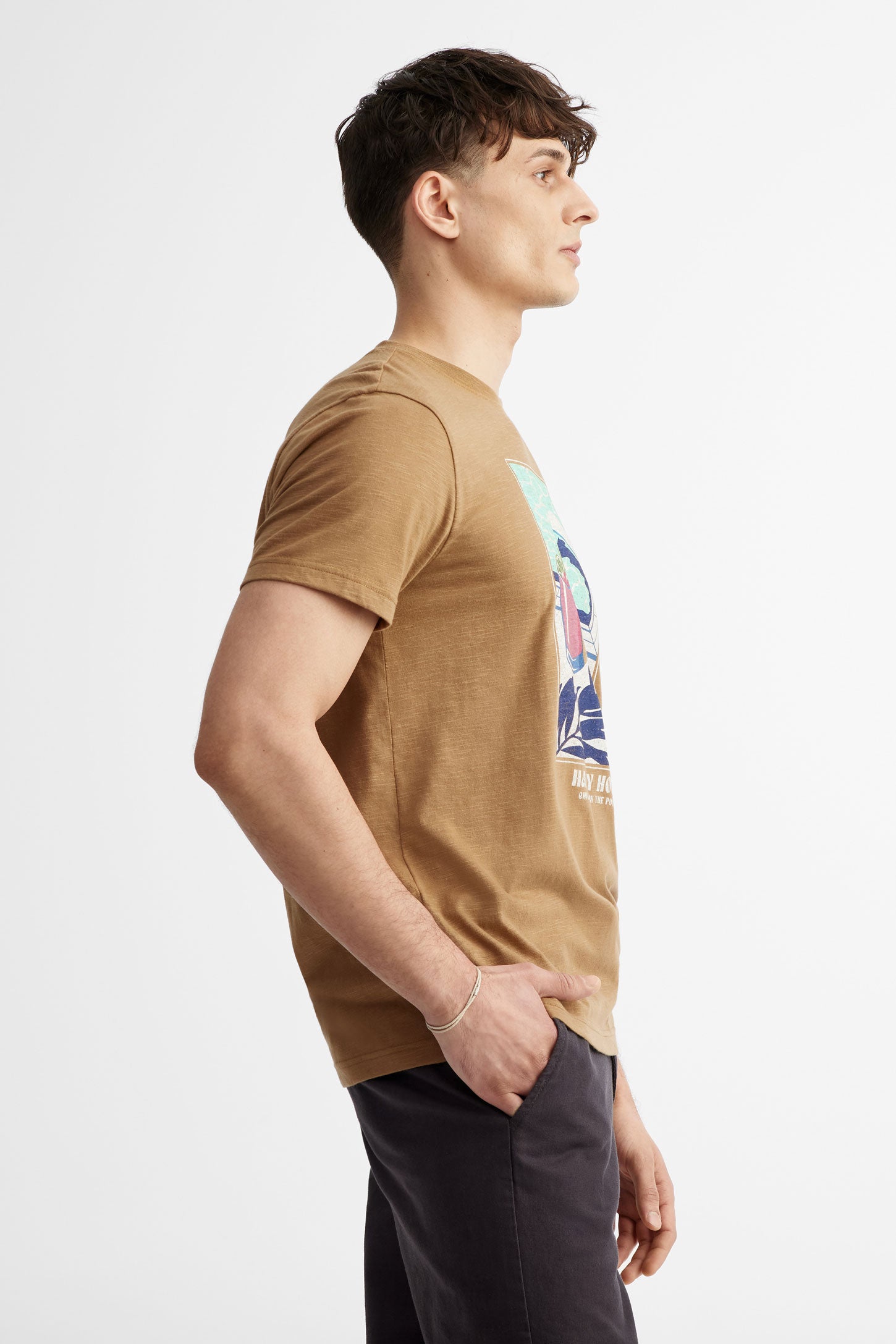 T-shirt col rond imprimé coton - Homme && BRUN