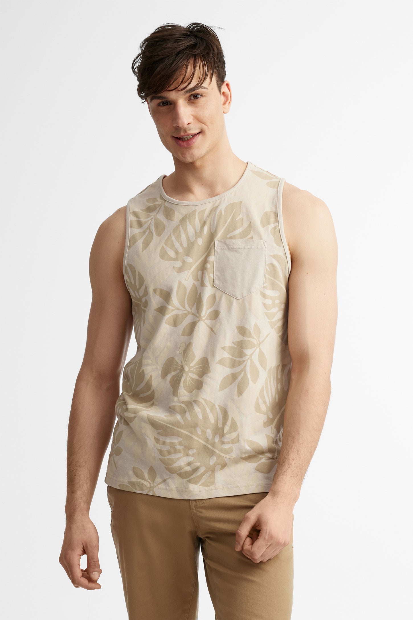 Camisole à poche en coton imprimé, 2/30$ - Homme && BEIGE/MULTI