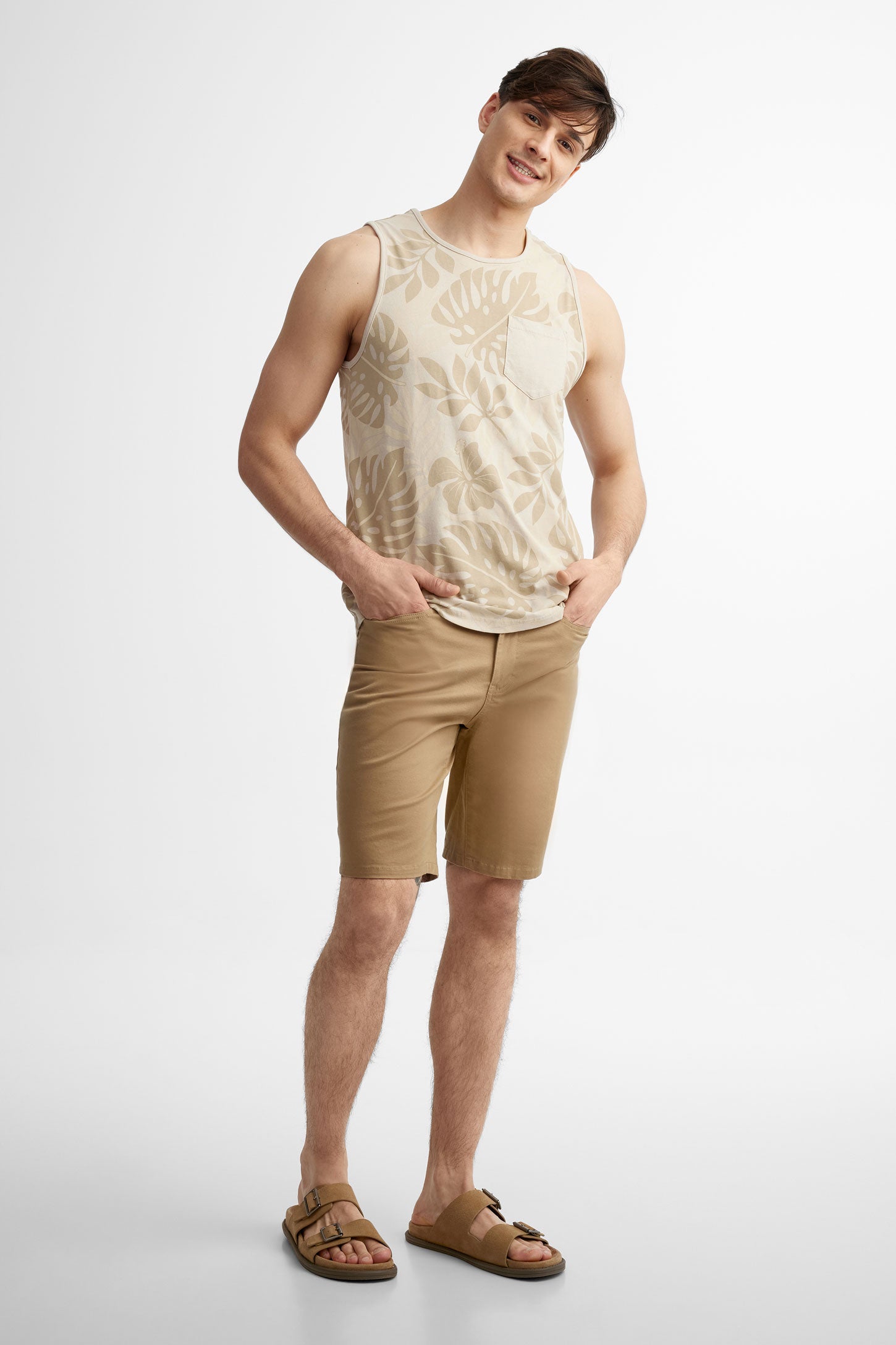 Camisole à poche en coton imprimé, 2/30$ - Homme && BEIGE/MULTI